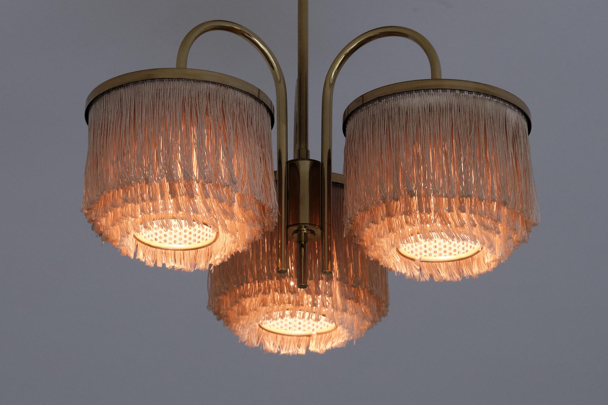 Hans-Agne Jakobsson T608 Three Arm Pendant Light, Brass and Silk, Sweden, 1960s 6