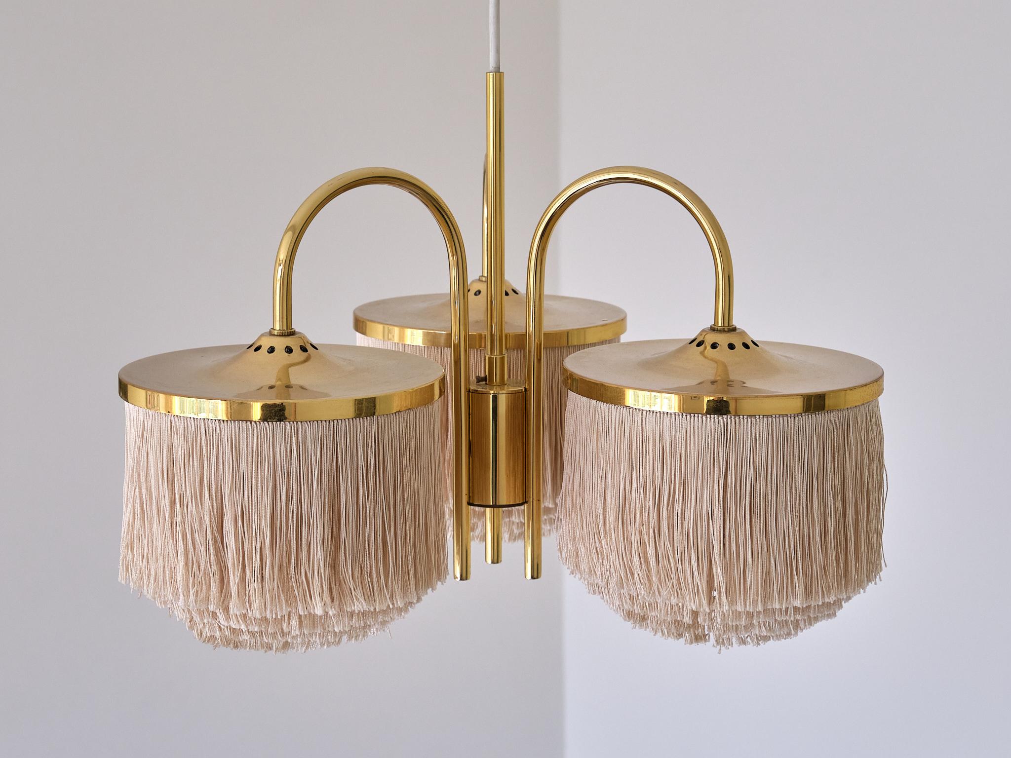 Hans-Agne Jakobsson T608 Three Arm Pendant Light, Brass and Silk, Sweden, 1960s 7