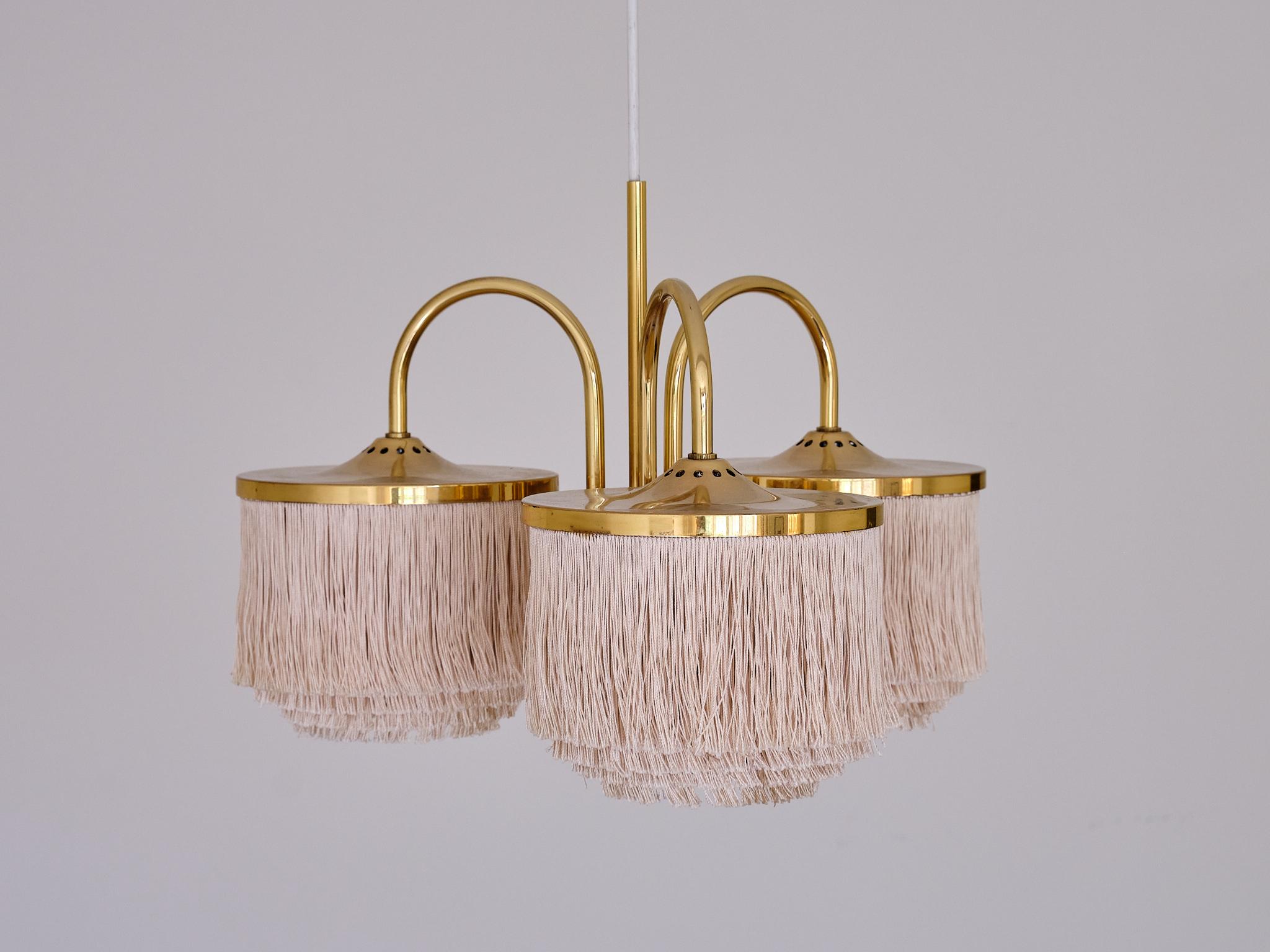 Hans-Agne Jakobsson T608 Three Arm Pendant Light, Brass and Silk, Sweden, 1960s 8