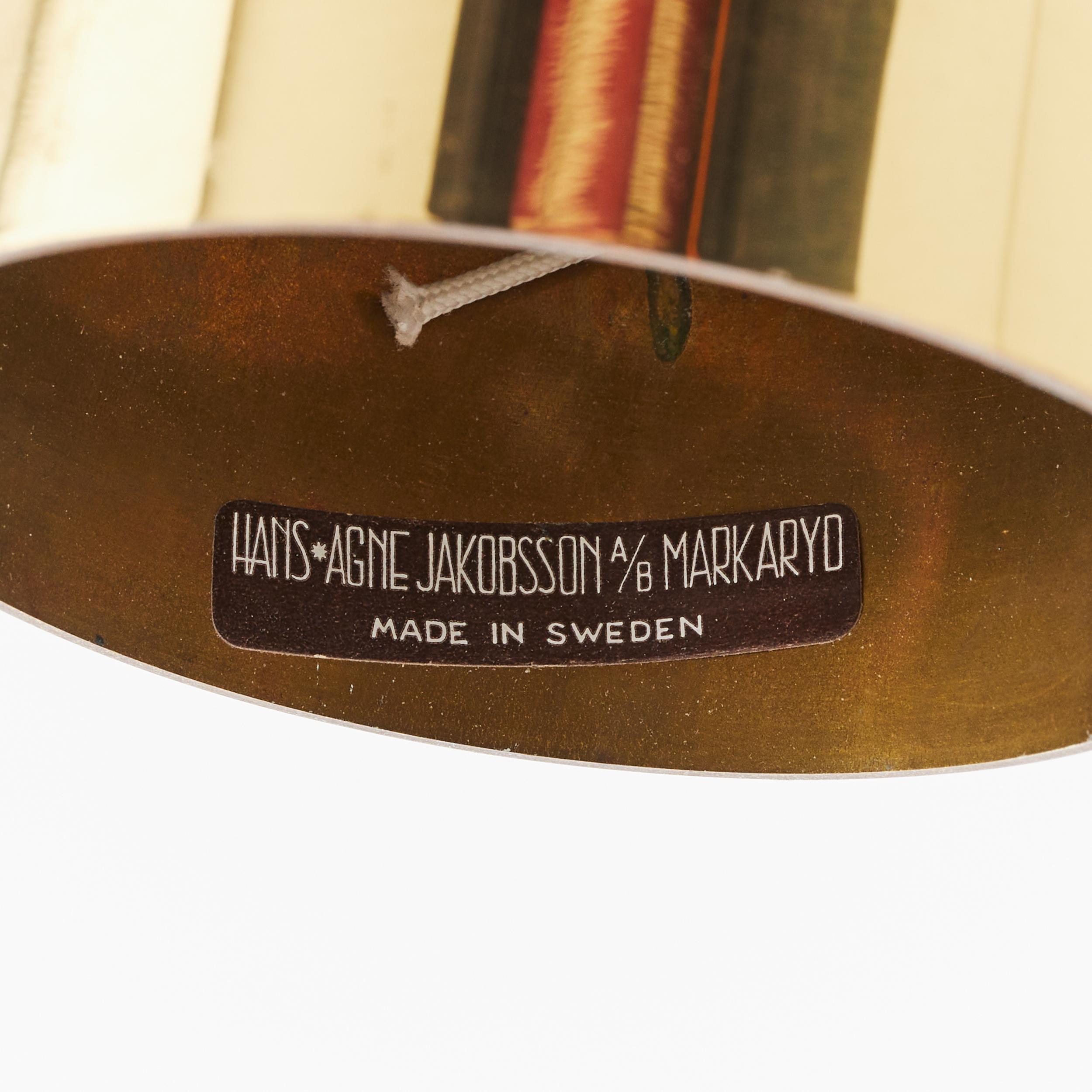 Hans-Agne Jakobsson T608 Three Arm Pendant Light, Brass and Silk, Sweden, 1960s 10