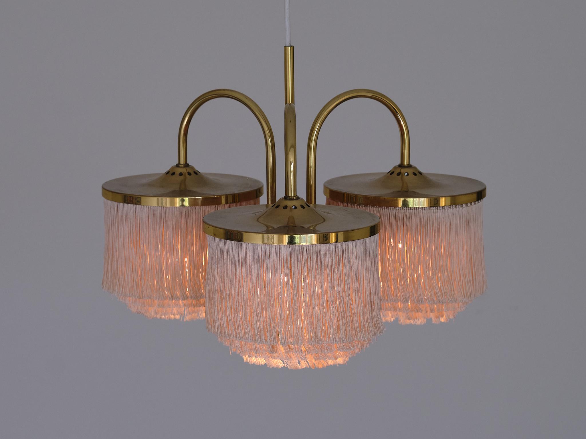 Scandinavian Modern Hans-Agne Jakobsson T608 Three Arm Pendant Light, Brass and Silk, Sweden, 1960s
