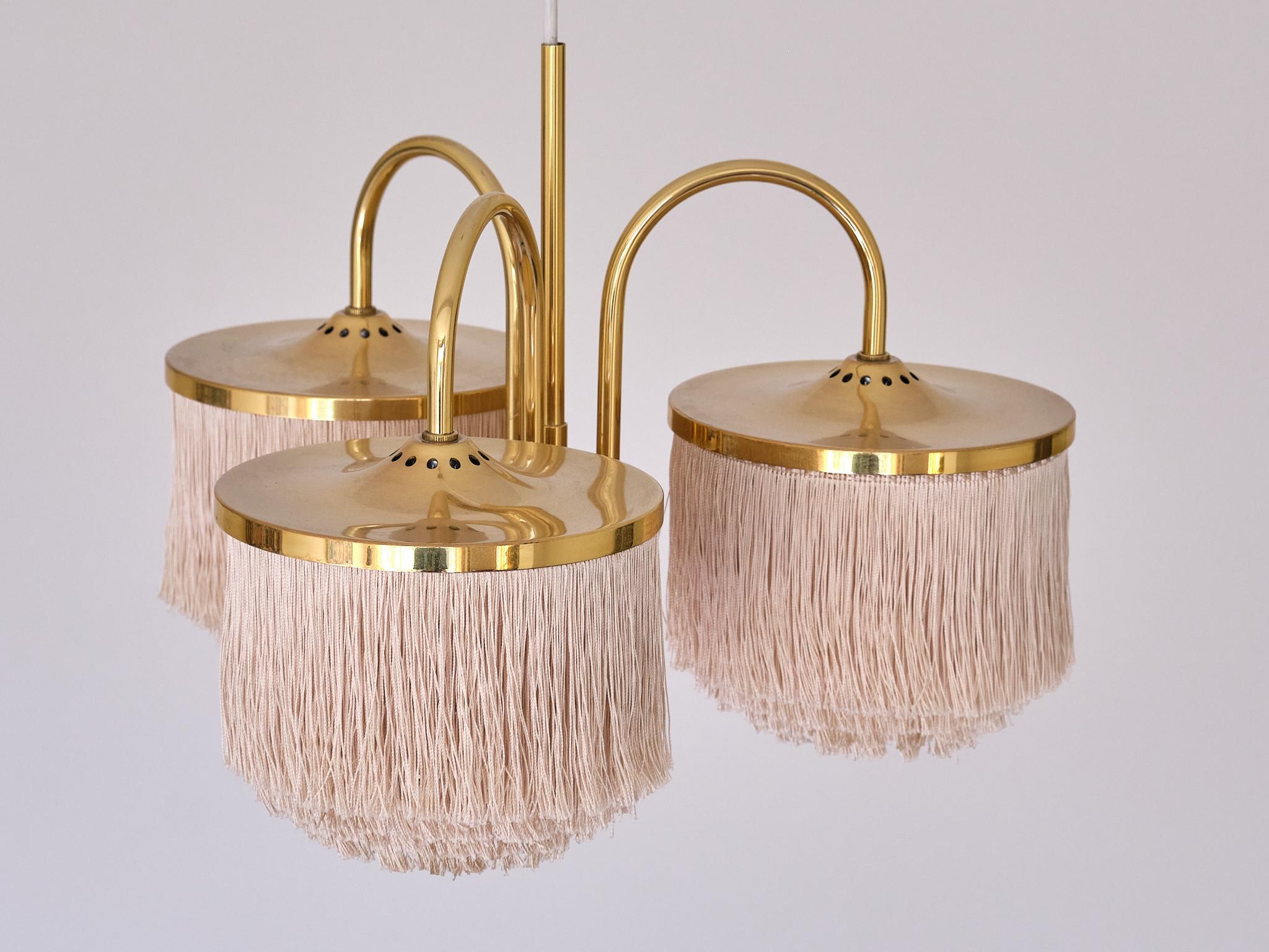 Swedish Hans-Agne Jakobsson T608 Three Arm Pendant Light, Brass and Silk, Sweden, 1960s