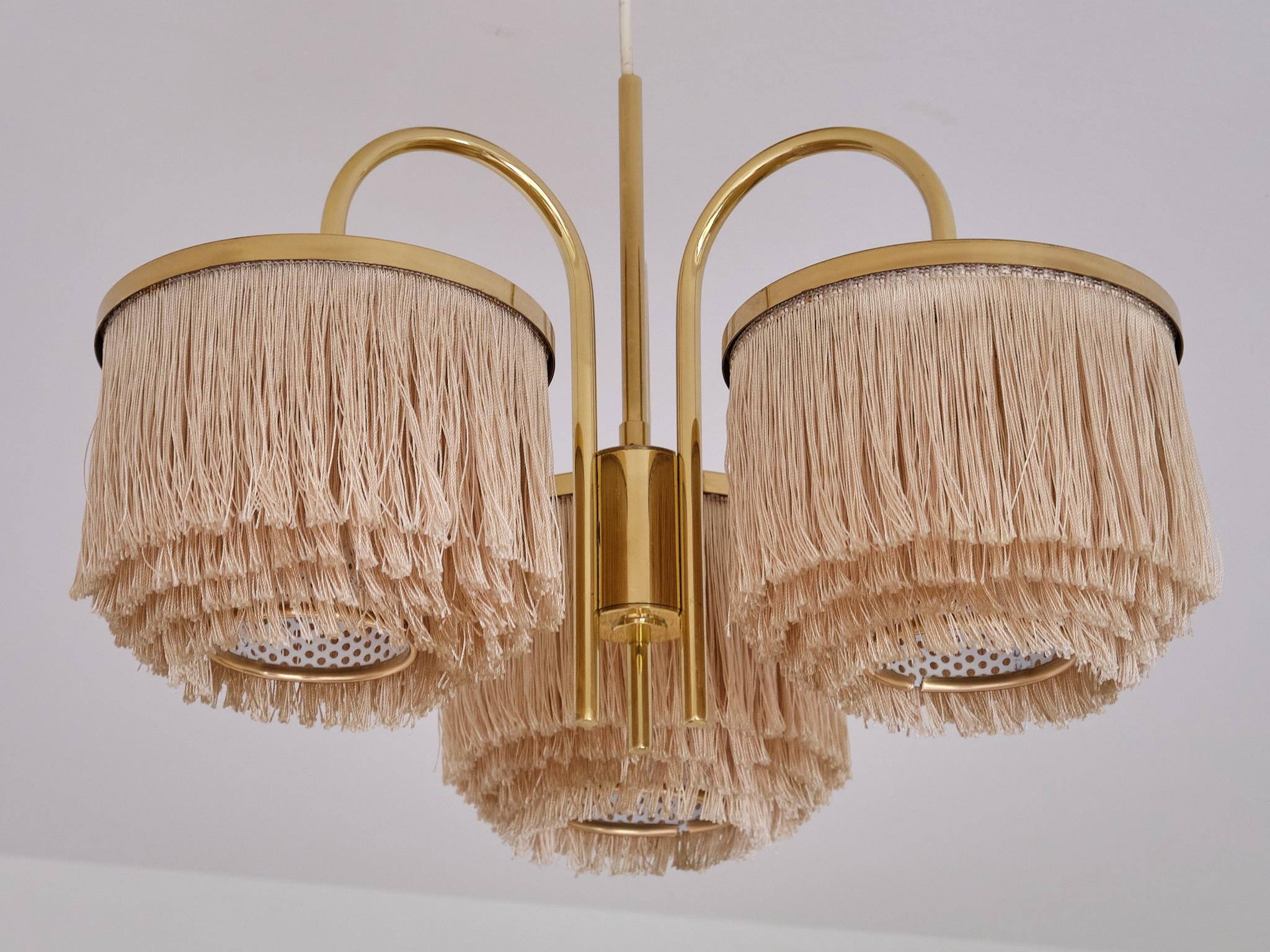 Hans-Agne Jakobsson T608 Three Arm Pendant Light, Brass and Silk, Sweden, 1960s In Good Condition In The Hague, NL