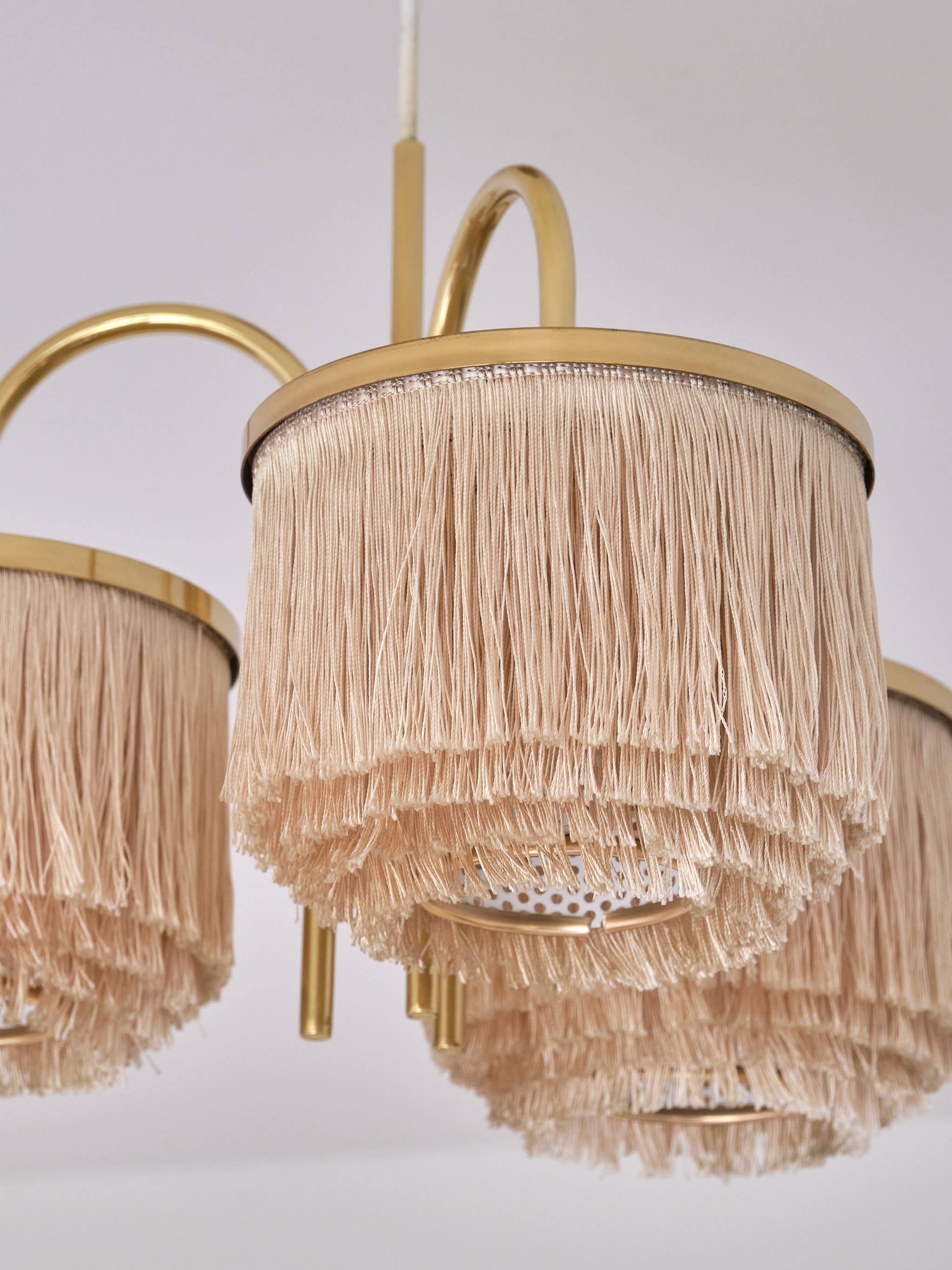 Mid-20th Century Hans-Agne Jakobsson T608 Three Arm Pendant Light, Brass and Silk, Sweden, 1960s