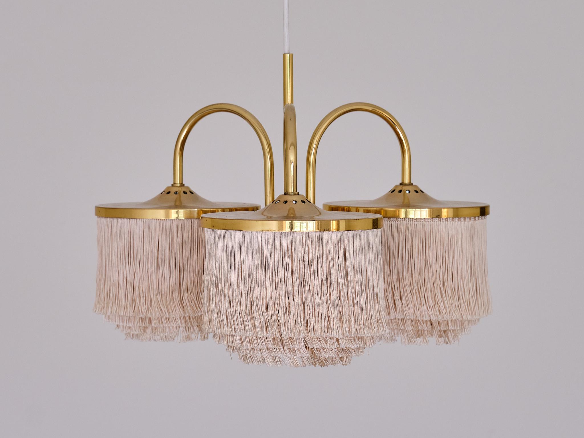Hans-Agne Jakobsson T608 Three Arm Pendant Light, Brass and Silk, Sweden, 1960s 1