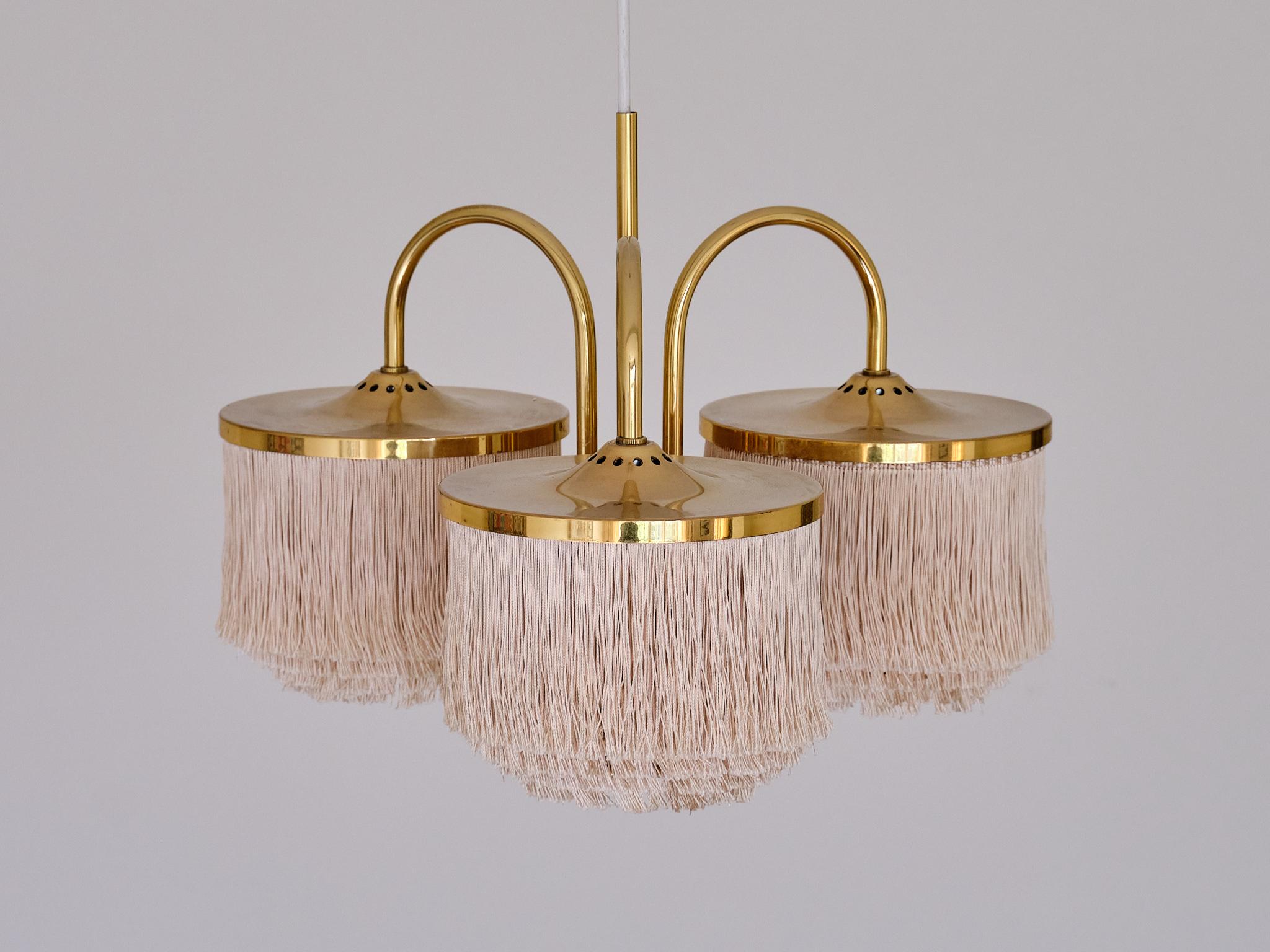 Hans-Agne Jakobsson T608 Three Arm Pendant Light, Brass and Silk, Sweden, 1960s 2
