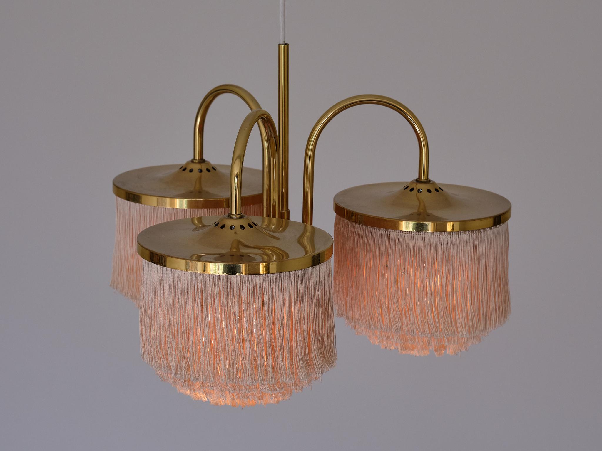 Hans-Agne Jakobsson T608 Three Arm Pendant Light, Brass and Silk, Sweden, 1960s 3