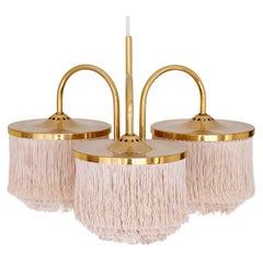 Hans-Agne Jakobsson T608 Three Arm Pendant Light, Brass and Silk, Sweden, 1960s