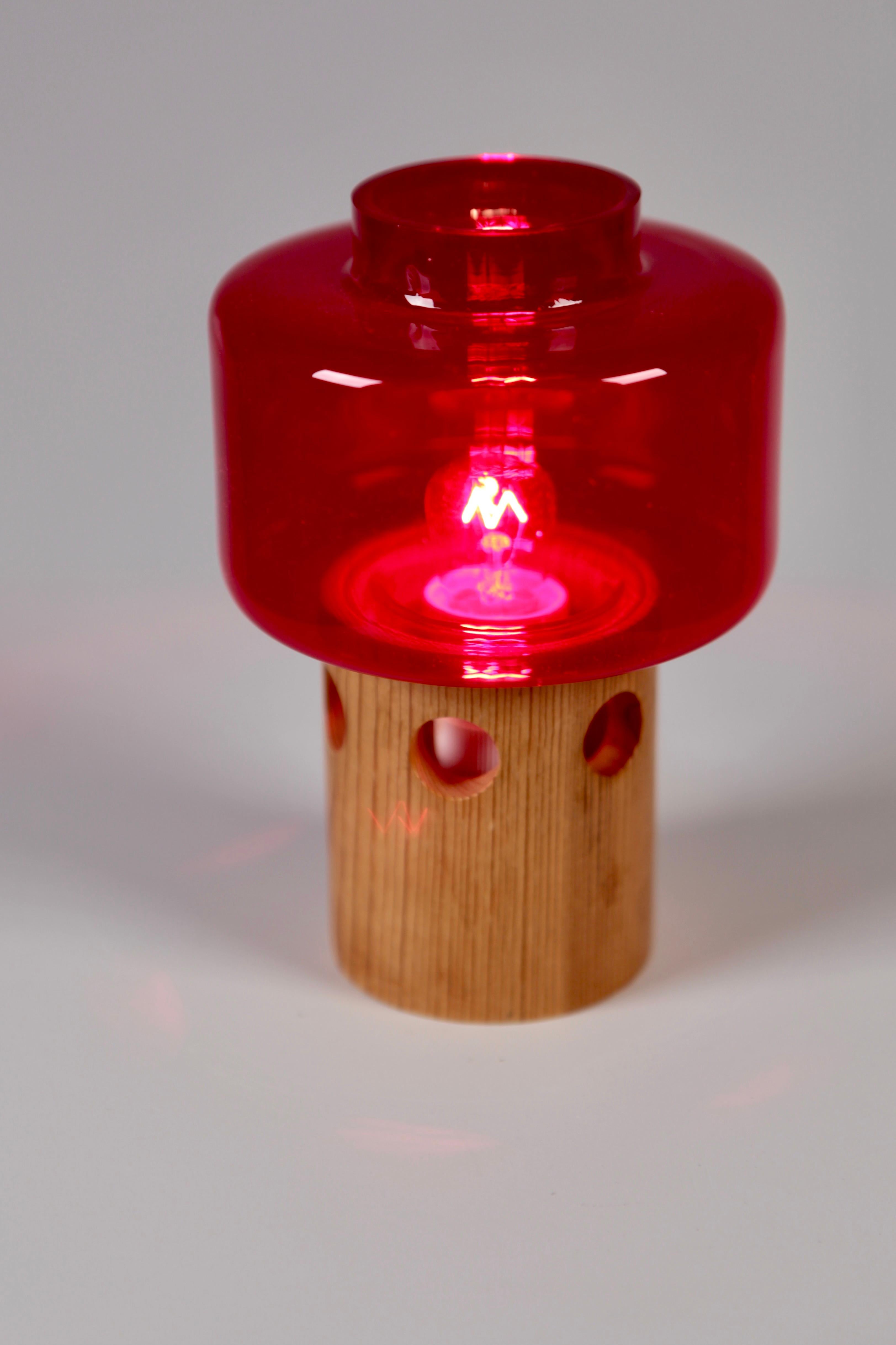 Scandinavian Modern Hans-Agne Jakobsson, Table Lamp in Pine & Red Glass Shade, Sweden, 1960s
