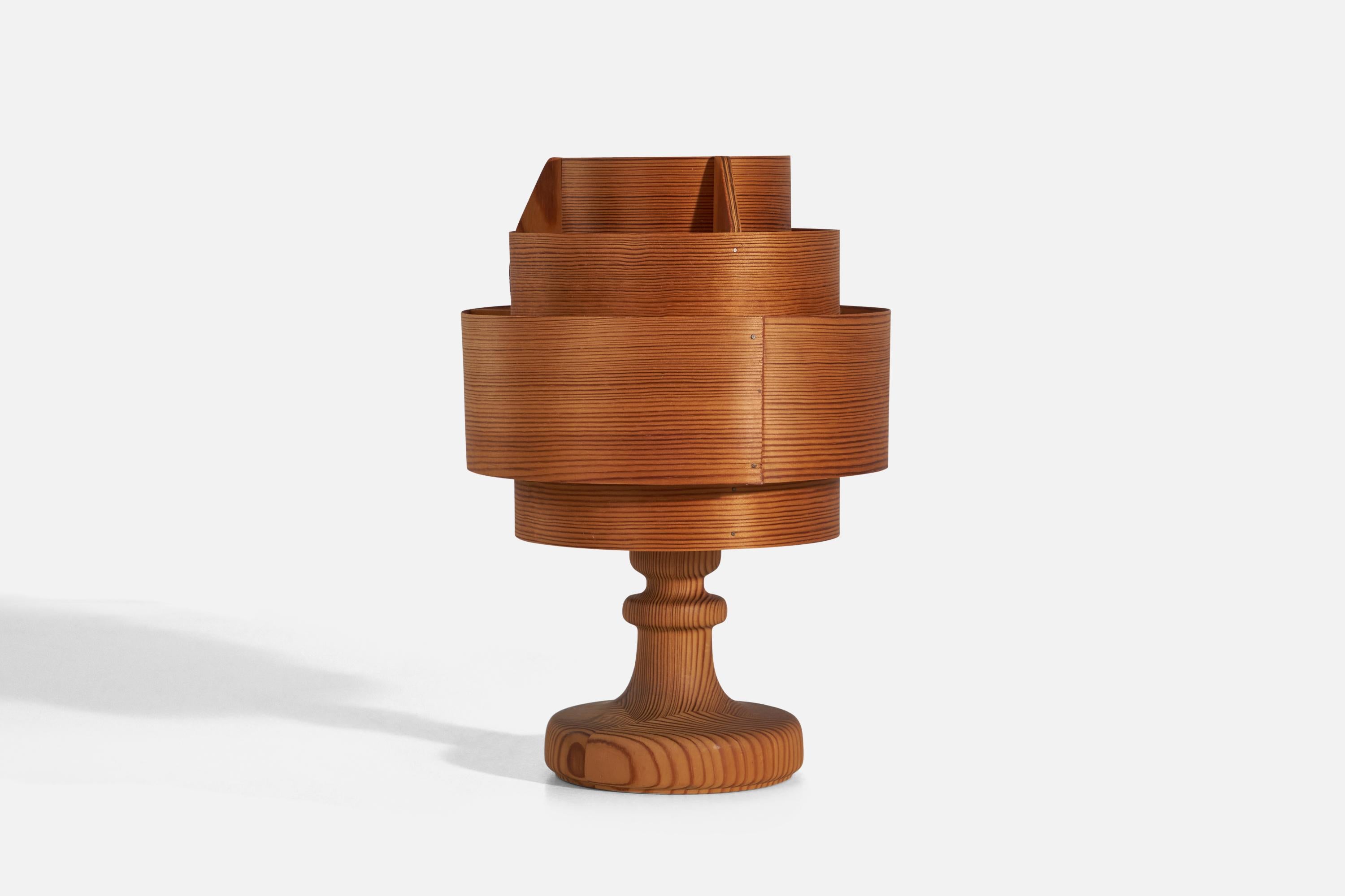 A pine and moulded pine veneer table lamp designed and produced by Hans-Agne Jakobsson, Sweden, 1970s.

Socket takes standard E-26 medium base bulb.

There is no maximum wattage stated on the fixture.

