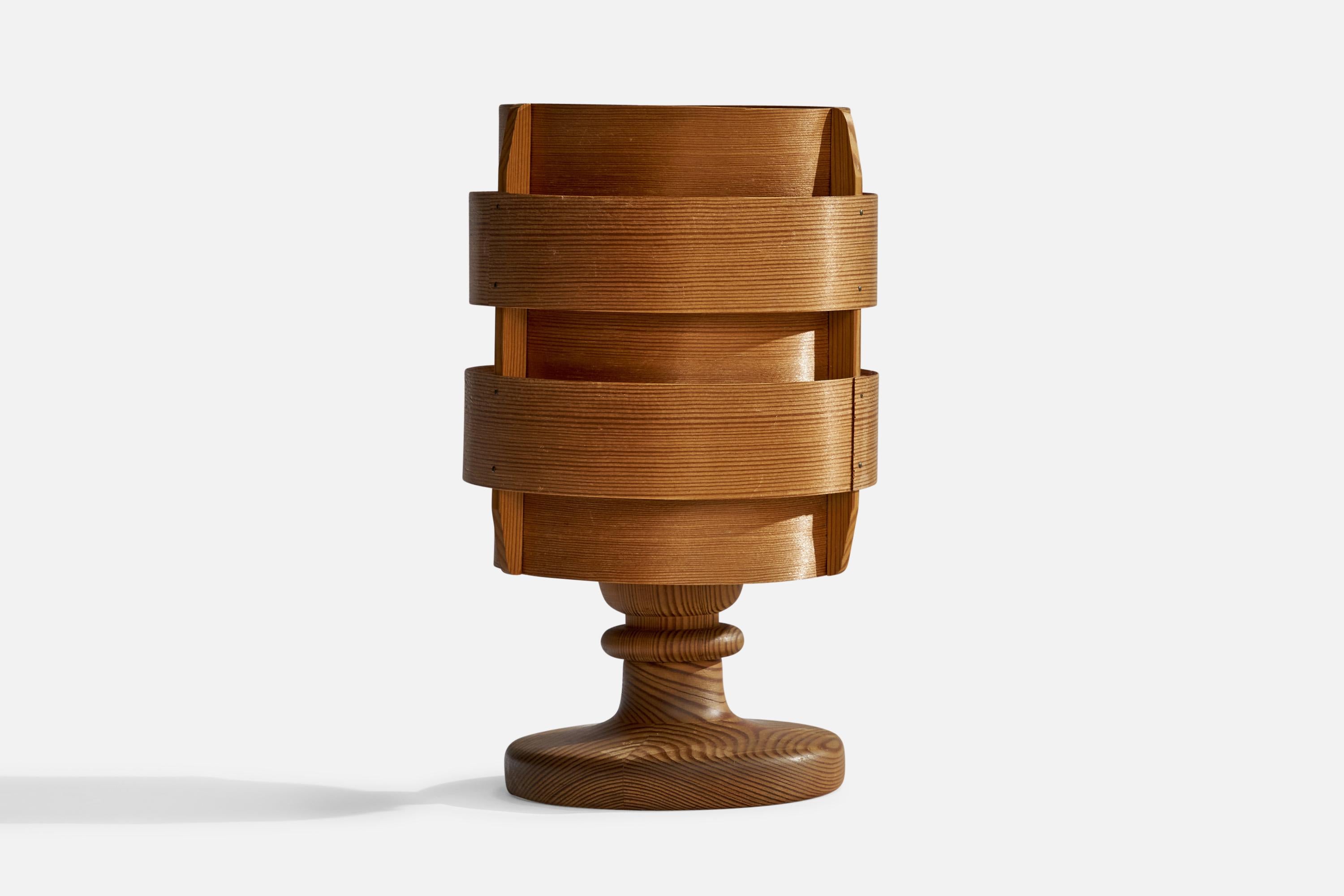 A pine and moulded pine veneer table lamp designed by Hans-Agne Jakobsson and produced by Elysett, Markaryd, Sweden, 1970s.

Overall Dimensions (inches): 10” H x 6” D
Stated dimensions include shade.
Bulb Specifications: E-26 Bulb
Number of Sockets: