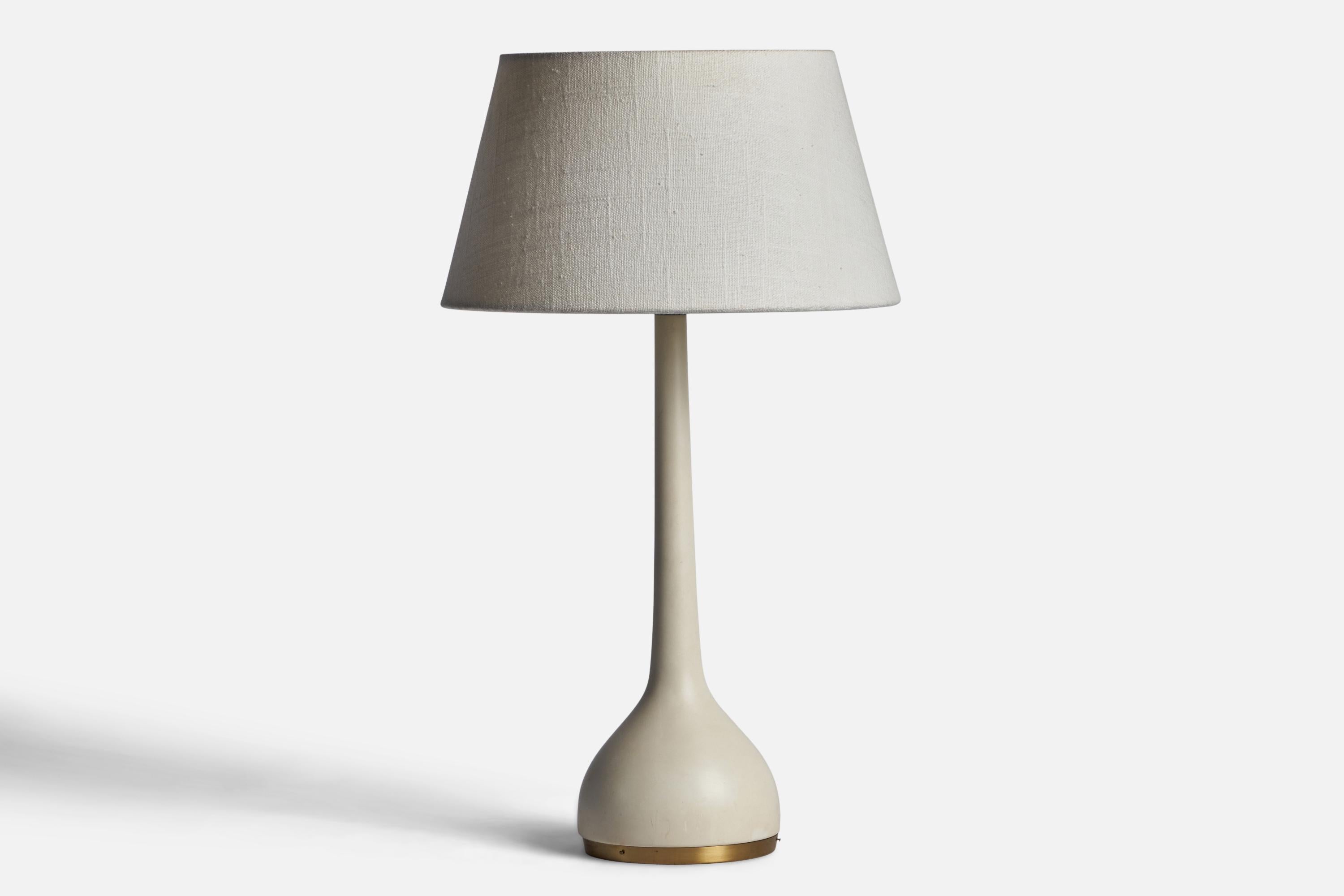 A white-lacquered wood and brass table lamp designed and produced by Hans-Agne Jakobsson, Markaryd, Sweden, 1960s.

Dimensions of Lamp (inches): 14” H x 4.45” Diameter
Dimensions of Shade (inches): 7” Top Diameter x 10” Bottom Diameter x 5.5” H