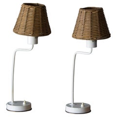 Hans-Agne Jakobsson, Table Lamps White Lacquer Metal Rattan Brass Sweden 1970s