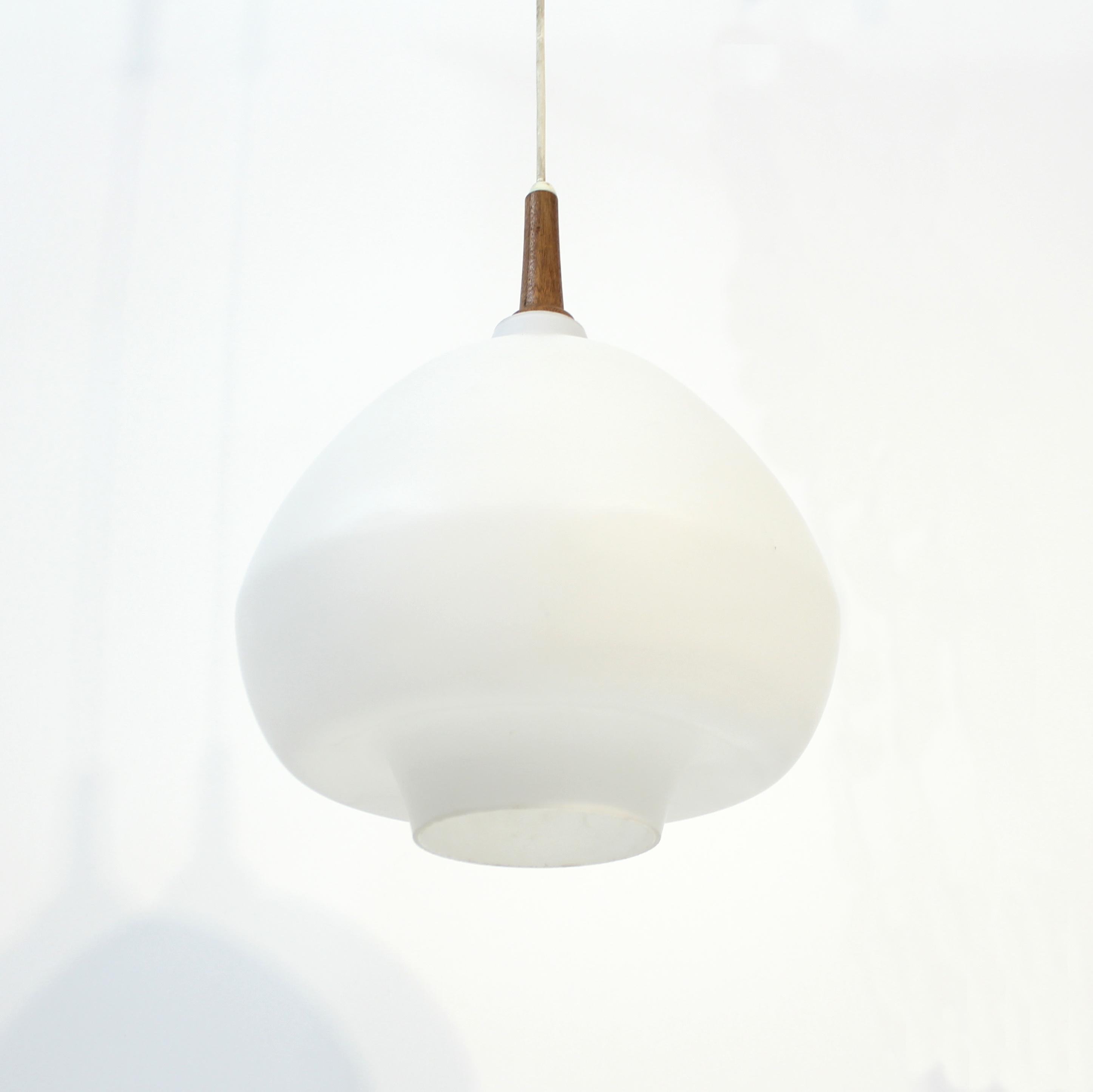 Hans-Agne Jakobsson, teak and opaline glass ceiling lamp, 1950s In Good Condition For Sale In Uppsala, SE