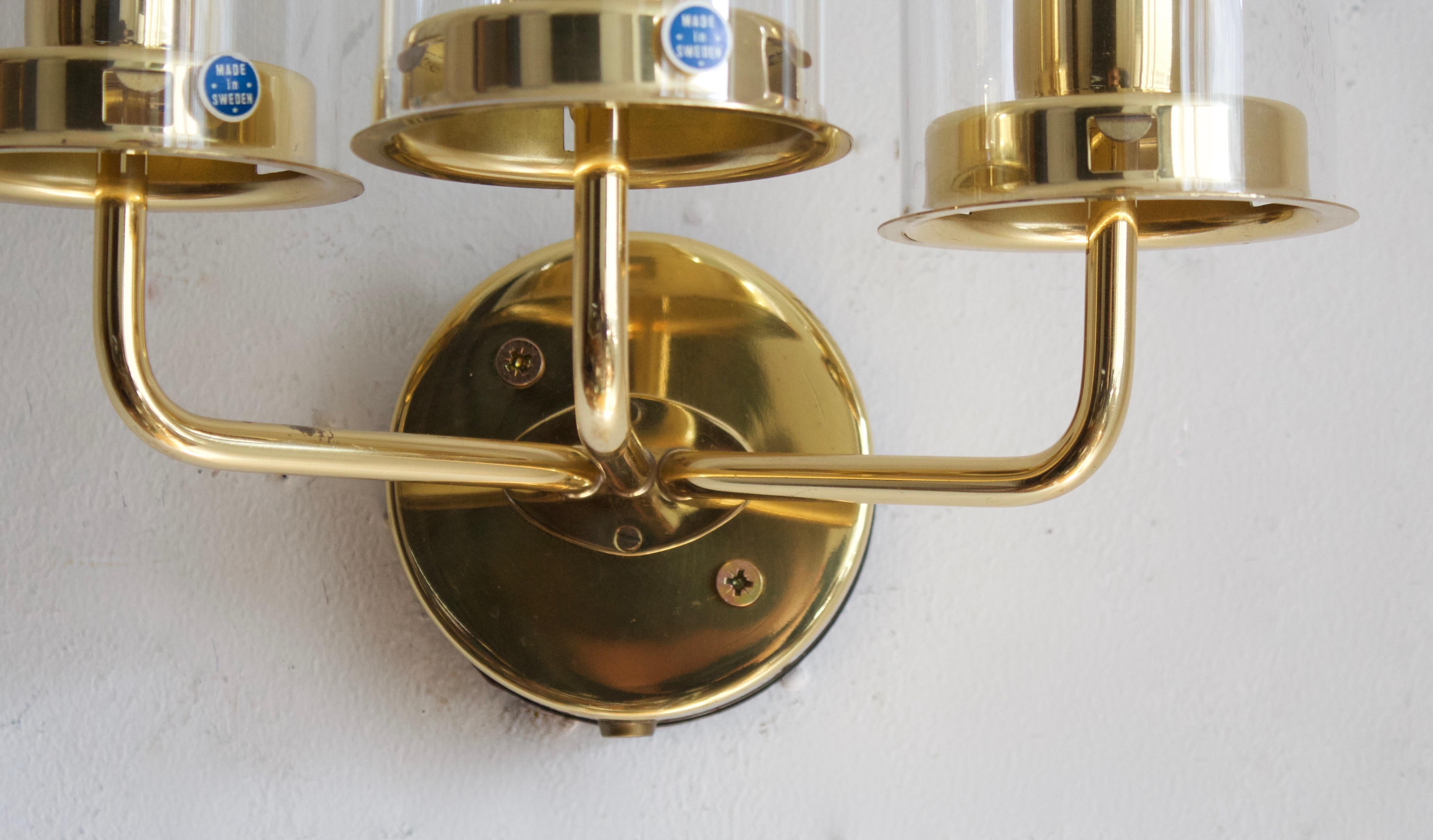 Swedish Hans-Agne Jakobsson, Three-Armed Wall Lights, Brass, Glass, Sweden, c. 1970s For Sale