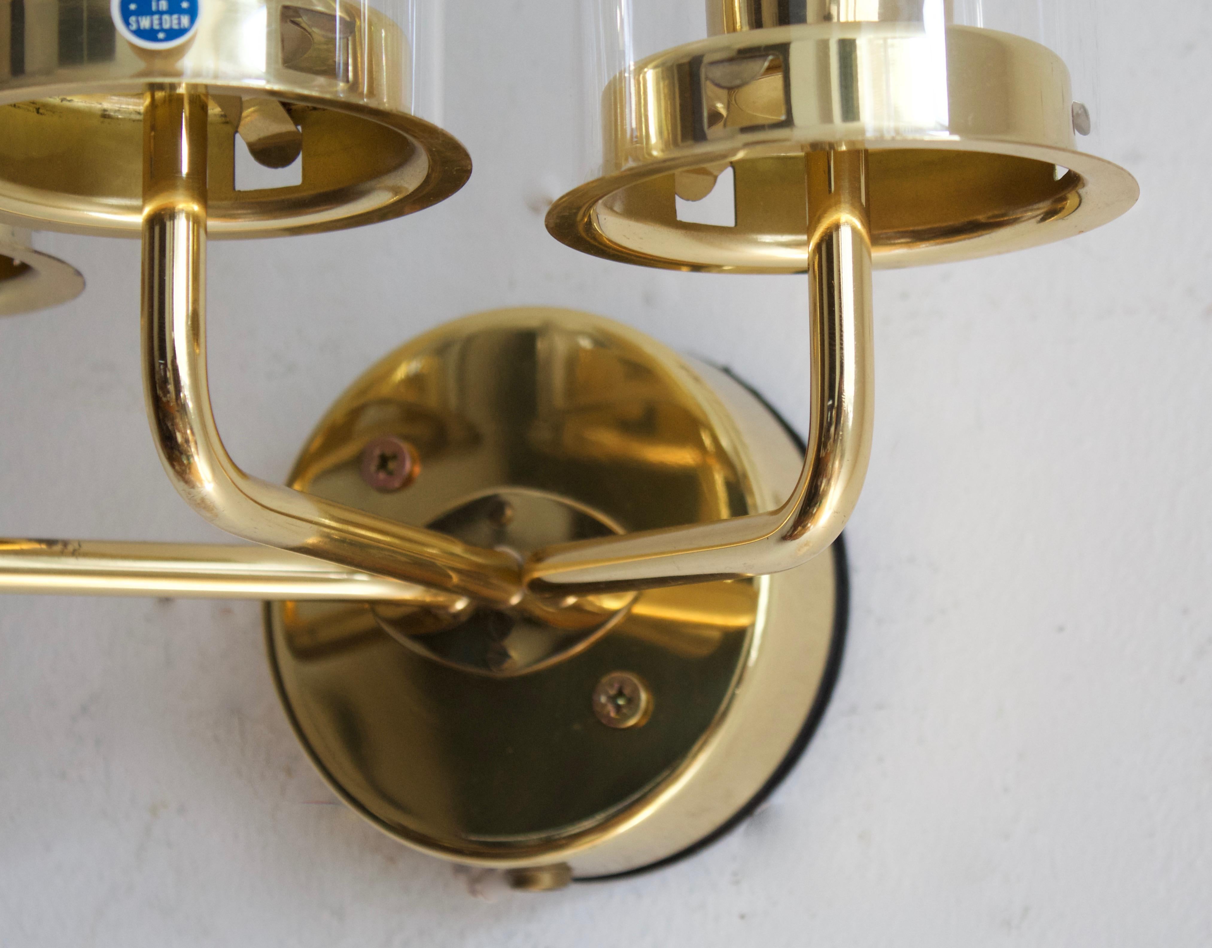 Hans-Agne Jakobsson, Three-Armed Wall Lights, Brass, Glass, Sweden, c. 1970s In Good Condition For Sale In High Point, NC