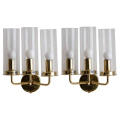 Hans-Agne Jakobsson, Three-Armed Wall Lights, Brass, Glass, Sweden, c. 1970s