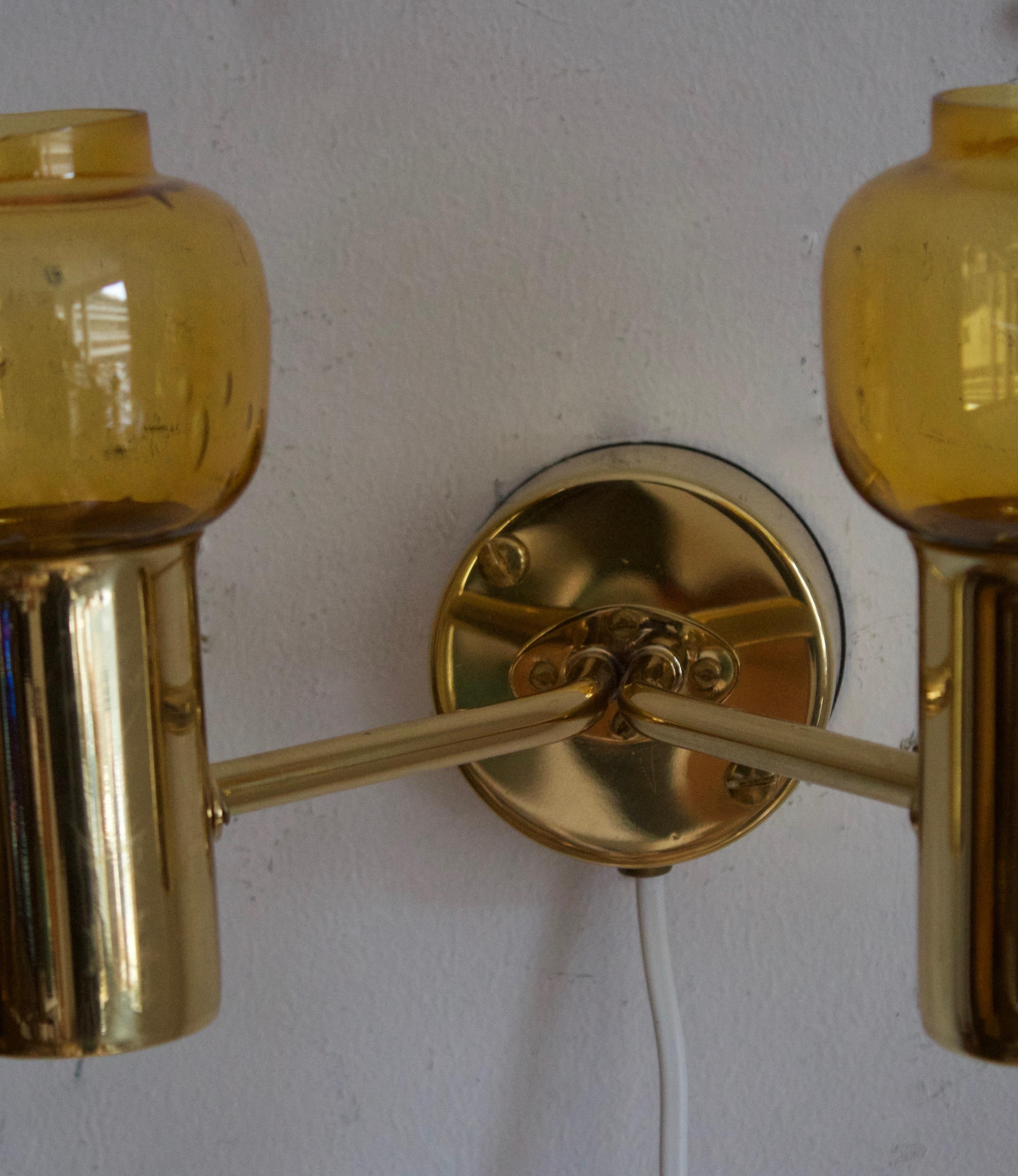 Swedish Hans-Agne Jakobsson, Two-Armed Wall Light, Brass, Glass, Sweden, c. 1970s For Sale