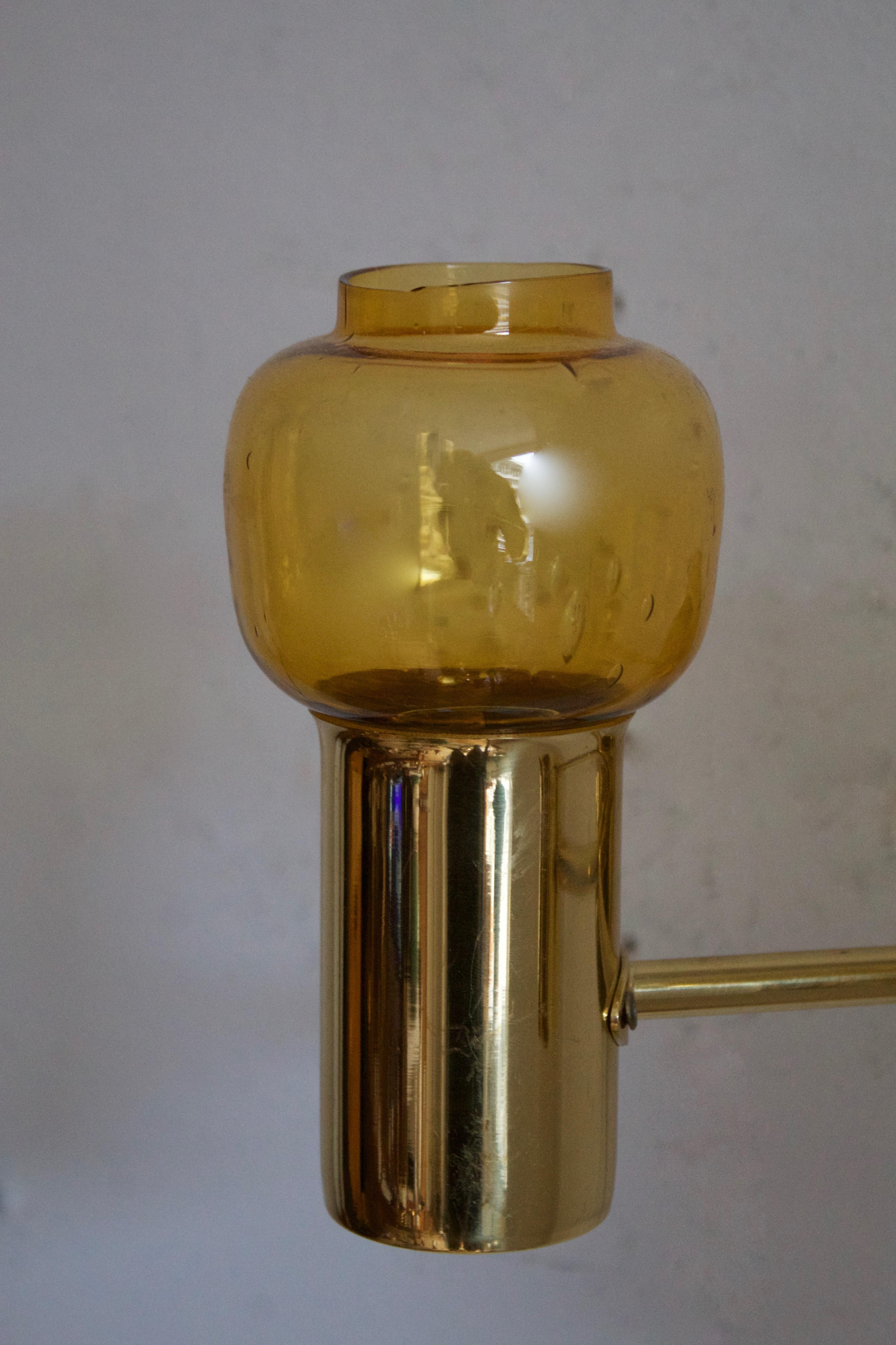 Mid-20th Century Hans-Agne Jakobsson, Two-Armed Wall Light, Brass, Glass, Sweden, c. 1970s For Sale