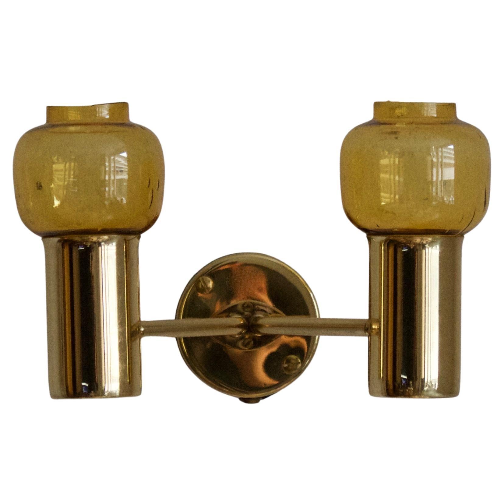 Hans-Agne Jakobsson, Two-Armed Wall Light, Brass, Glass, Sweden, c. 1970s