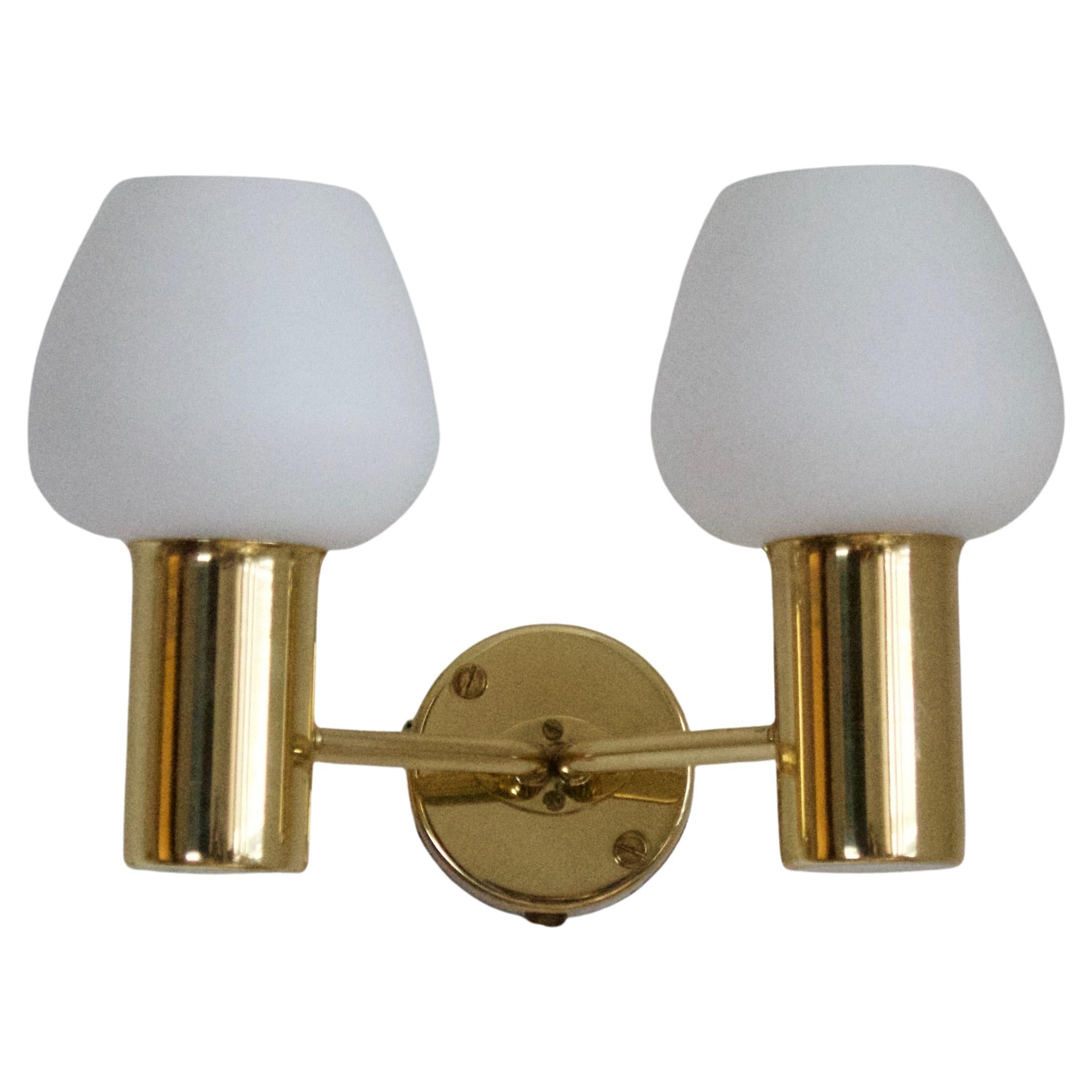 Hans-Agne Jakobsson, Two-Armed Wall Light, Brass, Glass, Sweden, c. 1970s For Sale