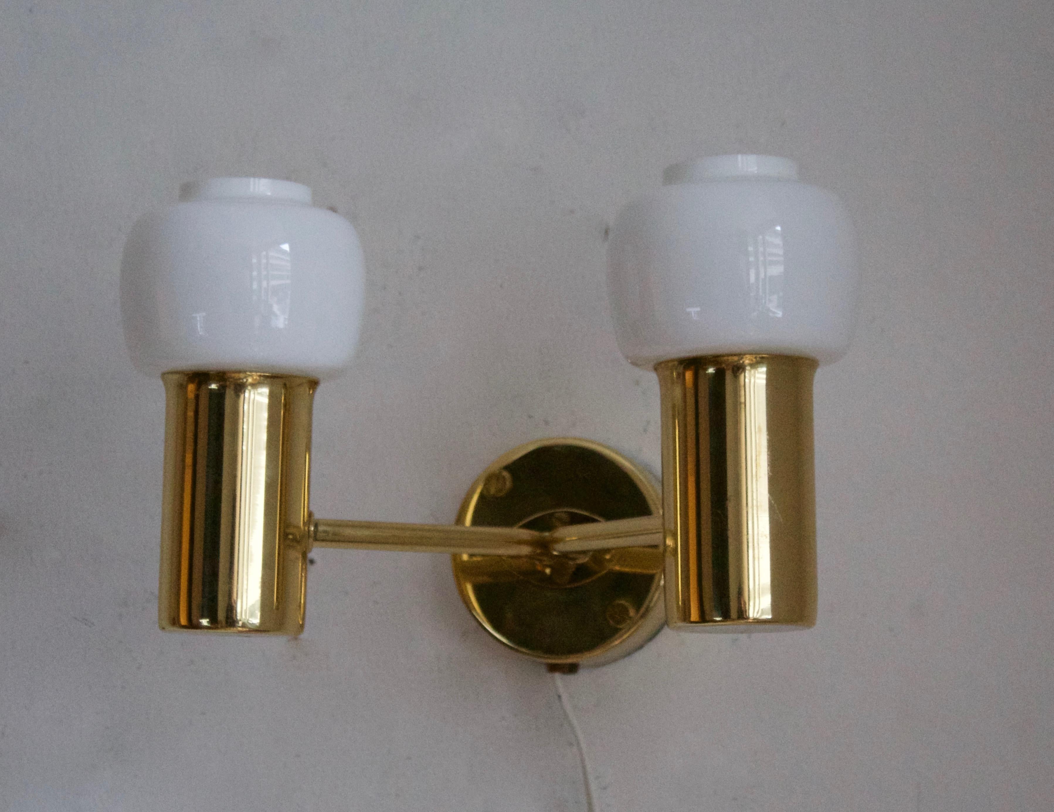 Mid-Century Modern Hans-Agne Jakobsson, Two-Armed Wall Lights, Brass, Glass, Sweden, c. 1970s For Sale