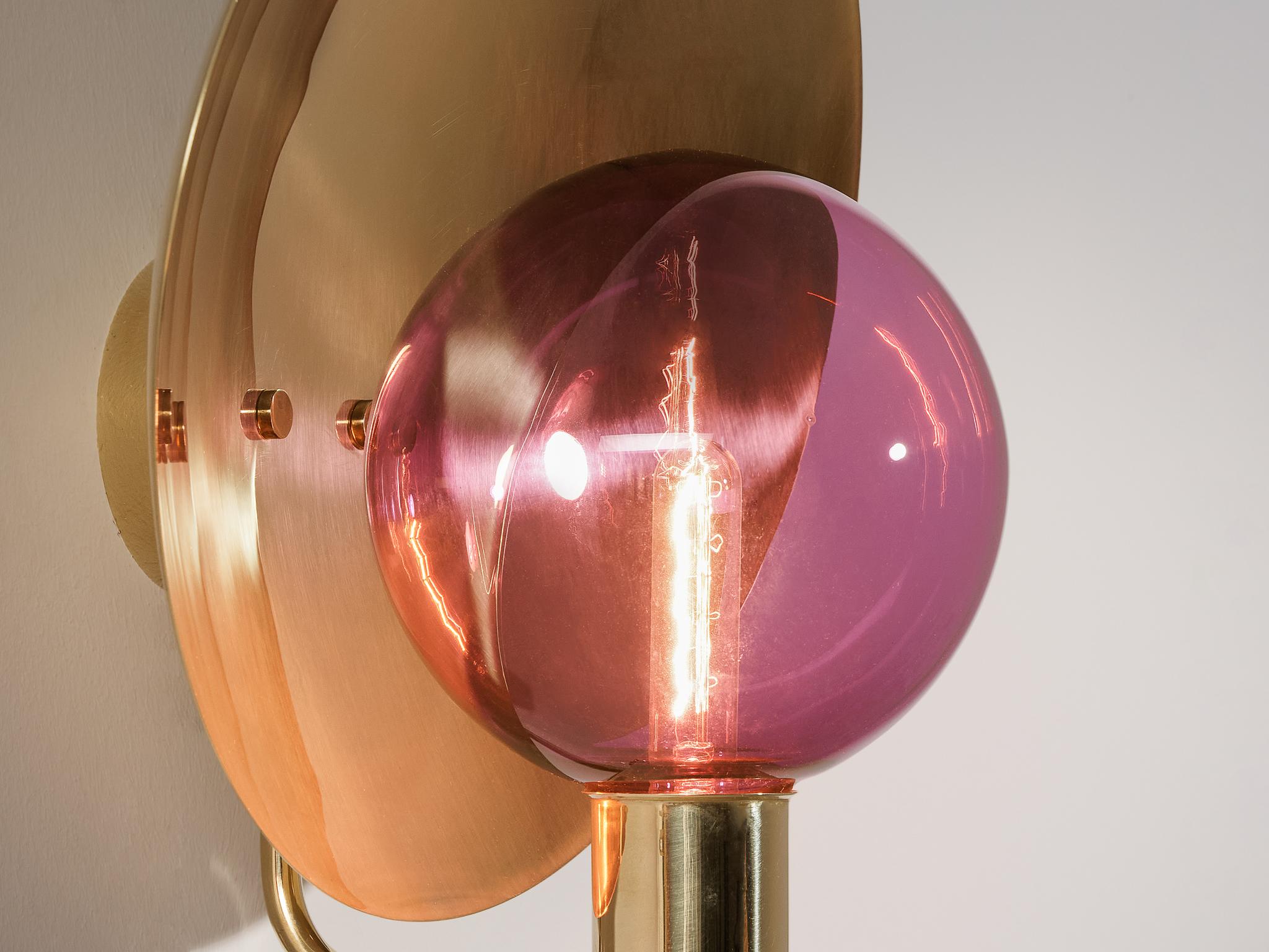 Swedish Hans-Agne Jakobsson 'V180' Pair of Wall Lights in Brass and Pink Glass