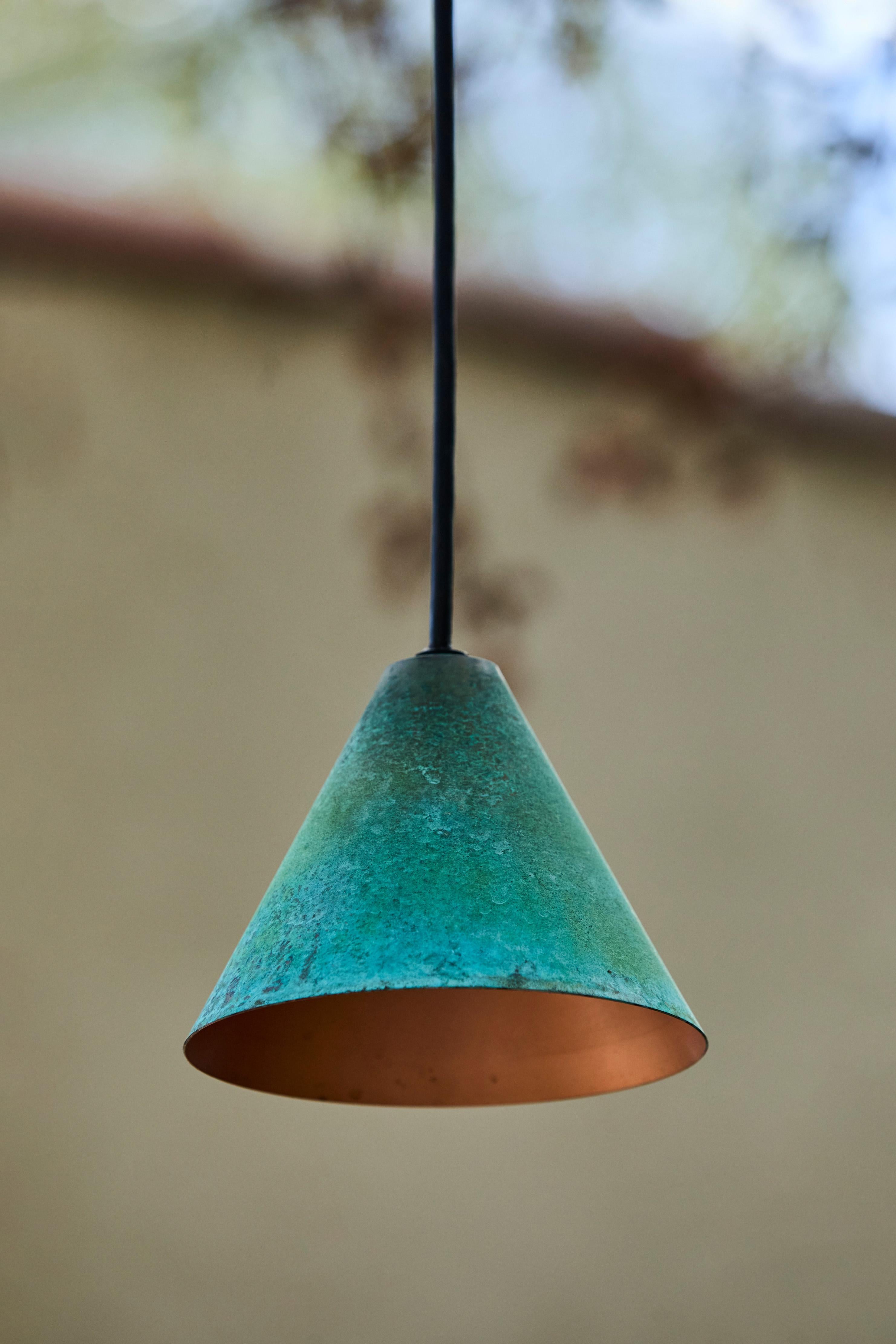Swedish Hans-Agne Jakobsson Verdigris Patinated 'Mini-Tratten' Outdoor Pendant For Sale