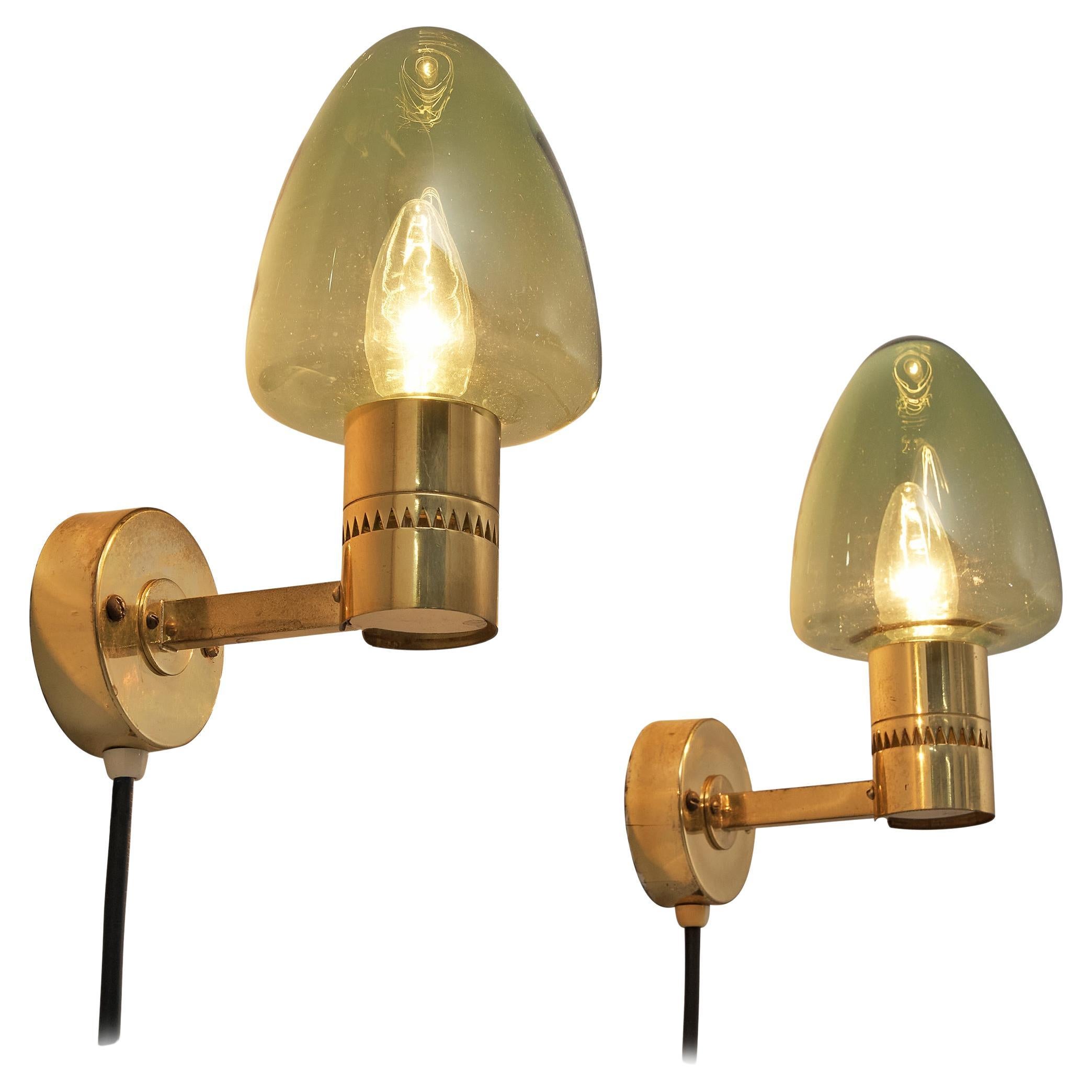 Hans-Agne Jakobsson Wall Lamps 'V-220' in Brass and Green Glass