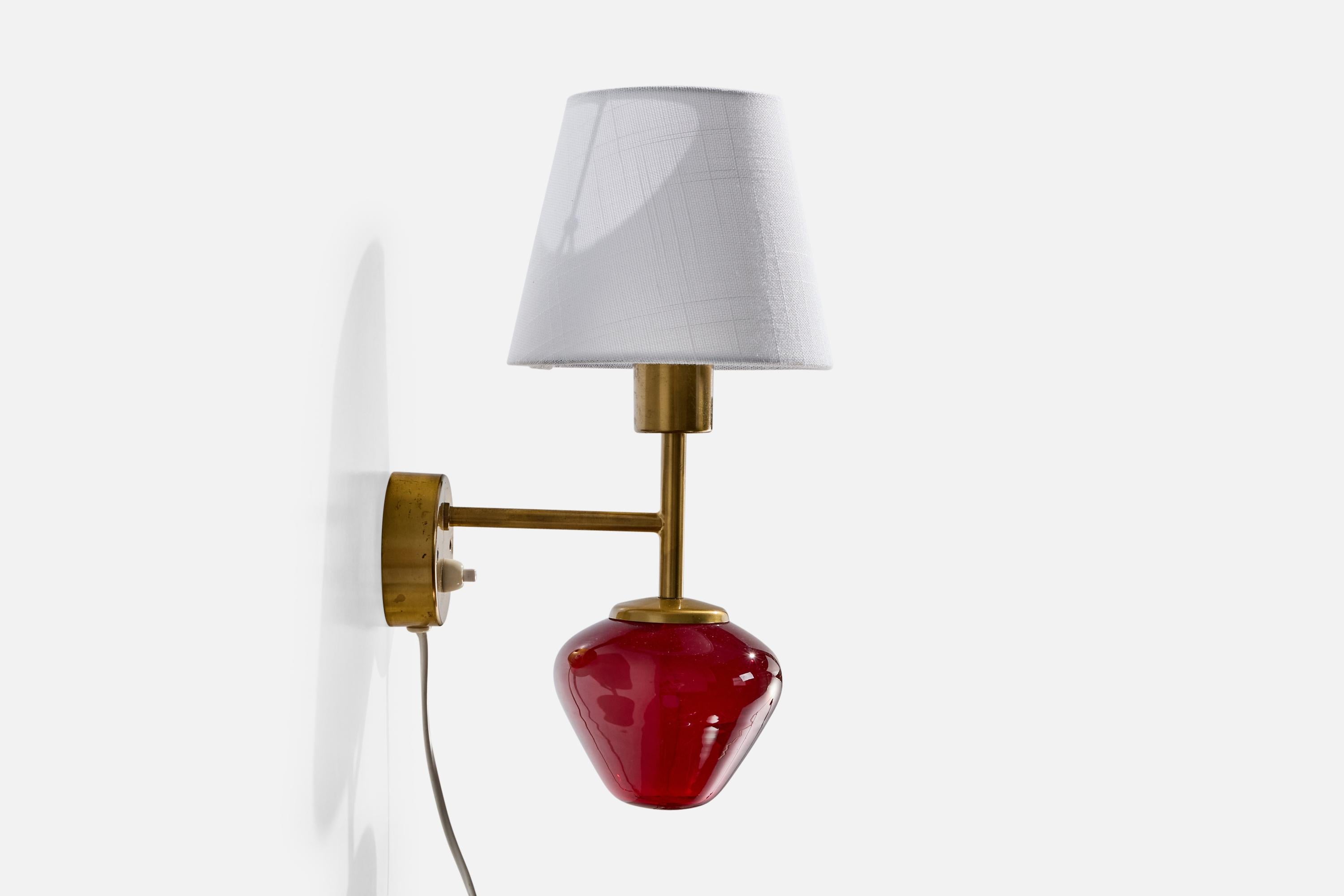Swedish Hans-Agne Jakobsson, Wall Light, Brass, Glass, Fabric, Sweden, 1960s For Sale