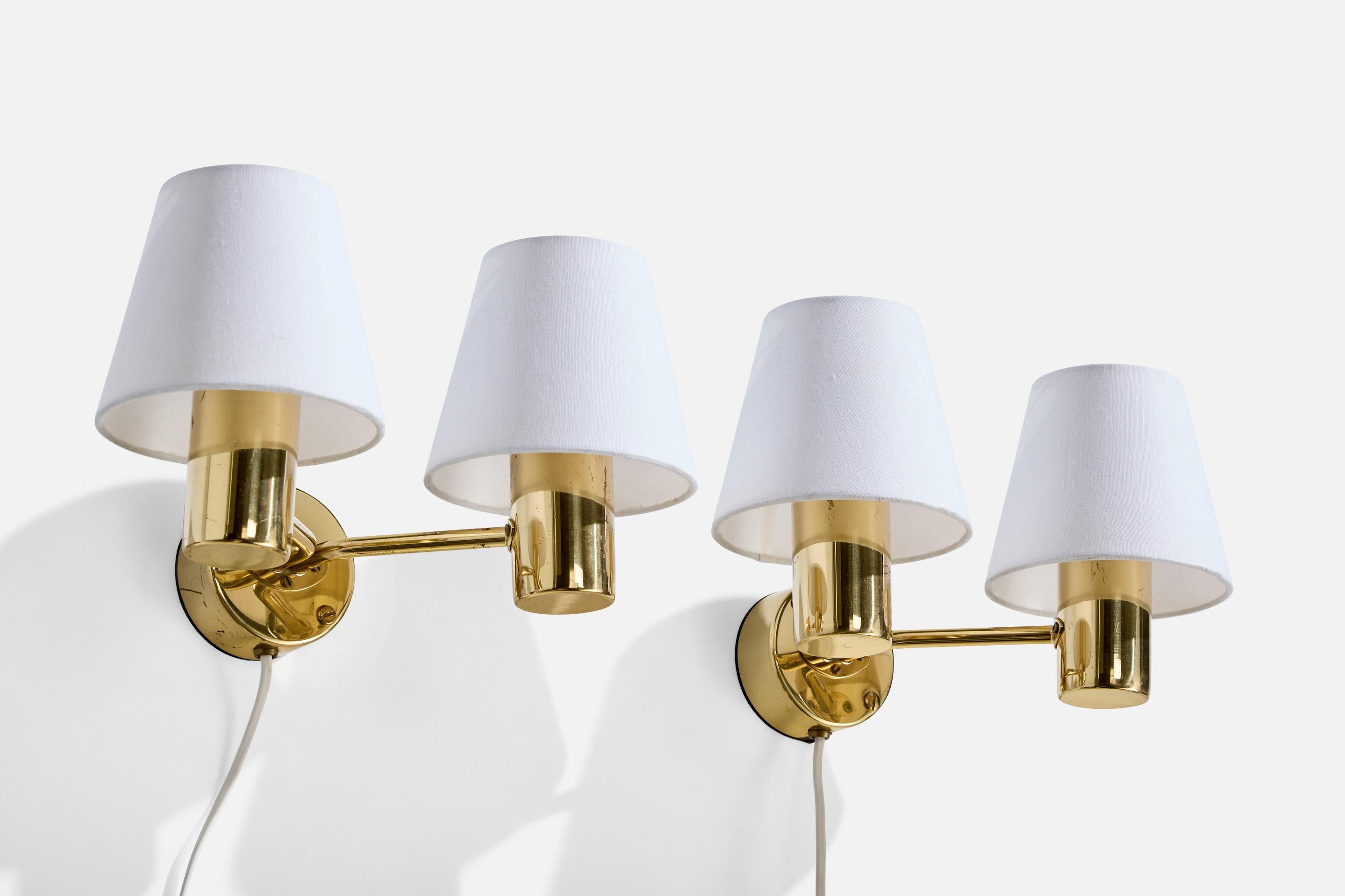 Mid-Century Modern Hans-Agne Jakobsson, Wall Lights, Brass, Fabric, Sweden, 1960s For Sale