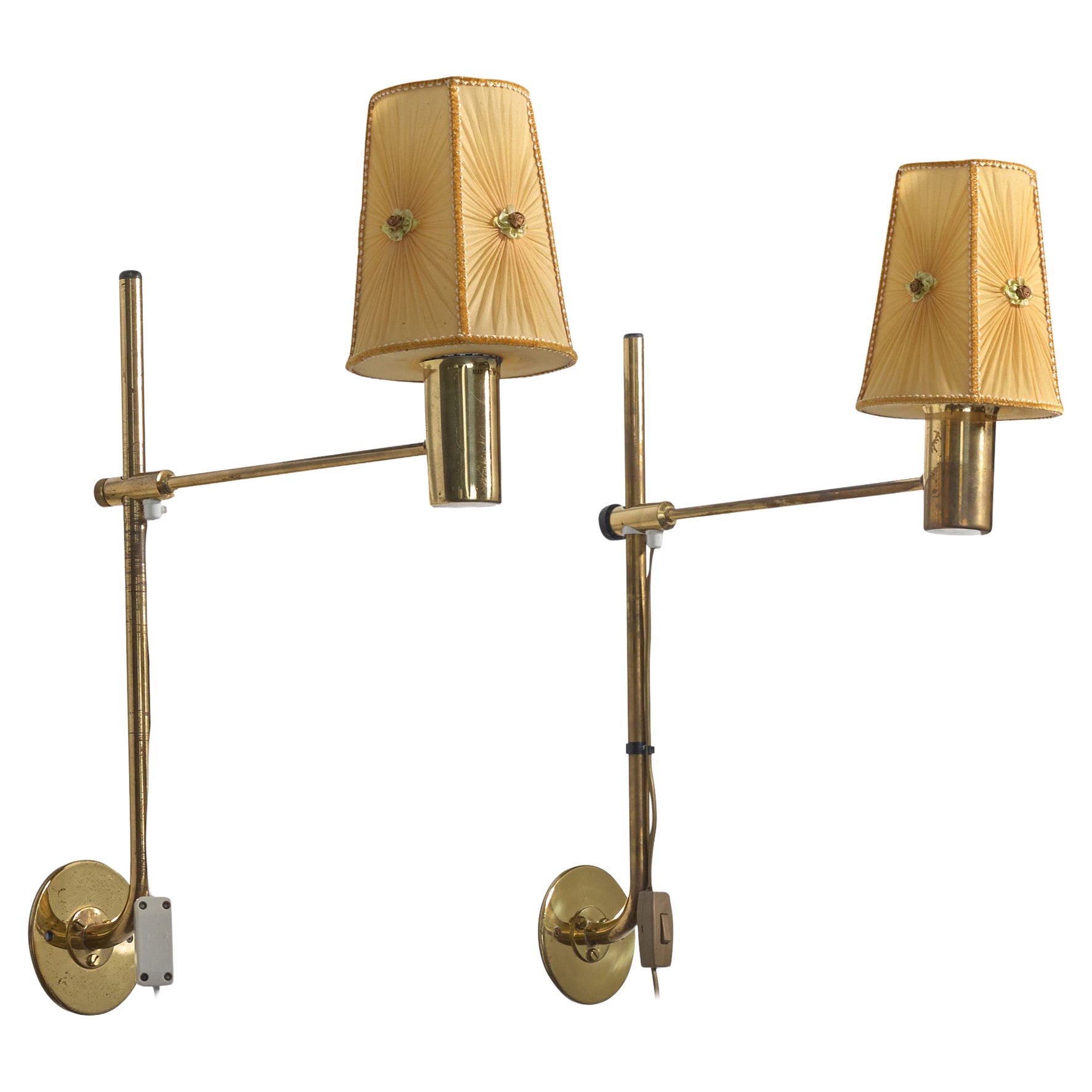 Hans-Agne Jakobsson, Wall Lights, Brass, Fabric, Sweden, 1970s
