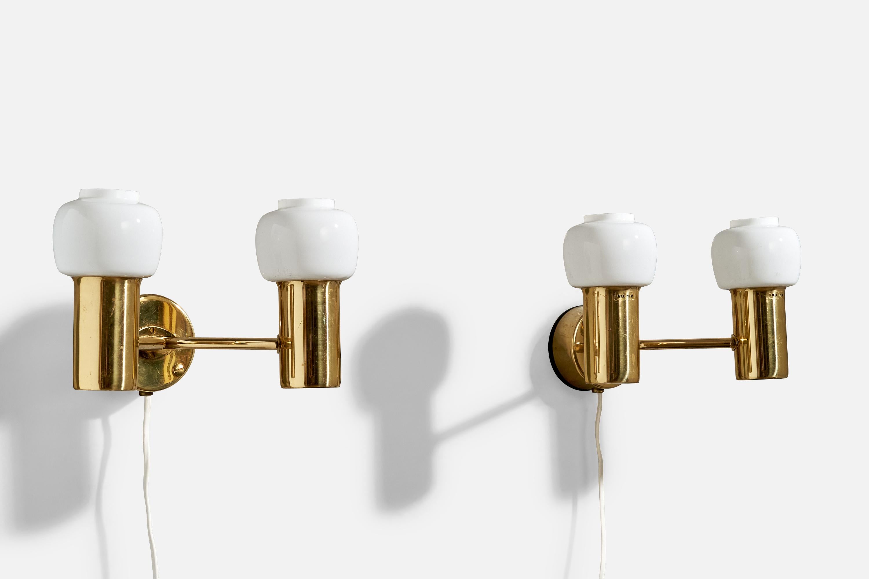 Swedish Hans-Agne Jakobsson, Wall Lights, Brass, Glass, Sweden, 1970s For Sale