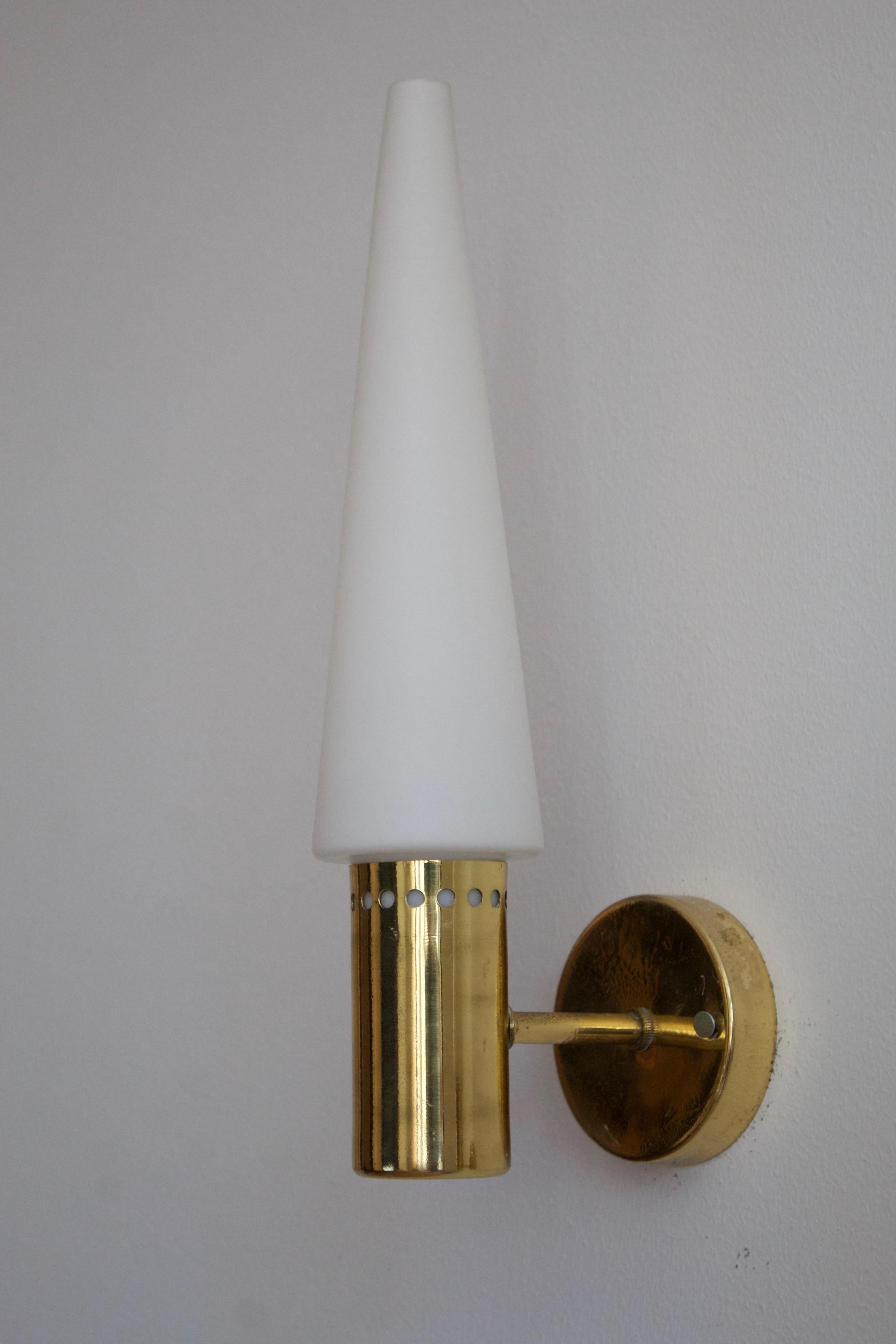 Hans-Agne Jakobsson, Wall Lights, Brass, Milk Glass, Sweden, c. 1960s In Good Condition For Sale In High Point, NC