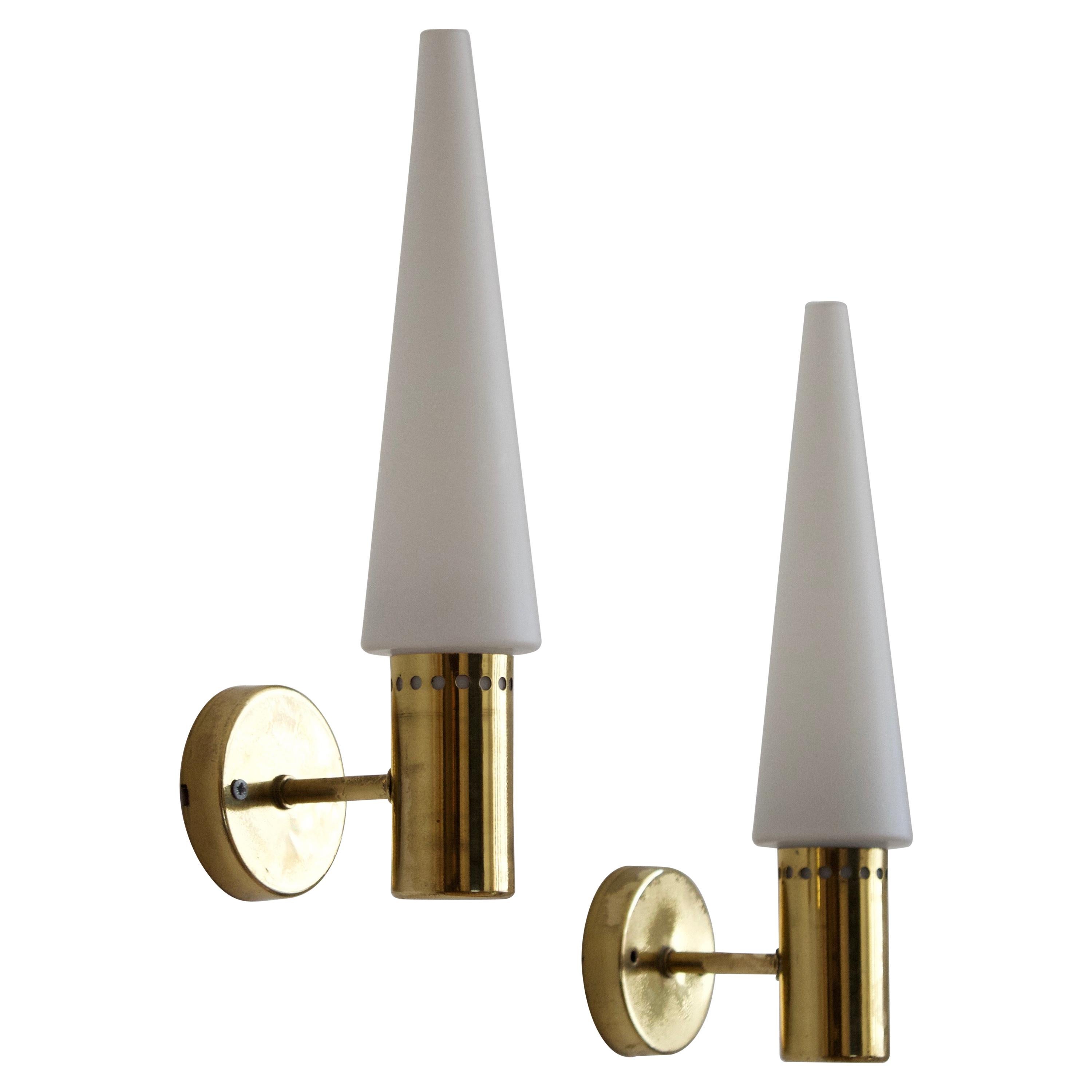 Hans-Agne Jakobsson, Wall Lights, Brass, Milk Glass, Sweden, c. 1960s For Sale