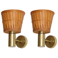 Hans-Agne Jakobsson, Wall Lights, Brass, Rattan, Sweden, c. 1960s Hans-Agne Jakobsson, Wall Lights, Brass, Rattan, Sweden, c. 1960s