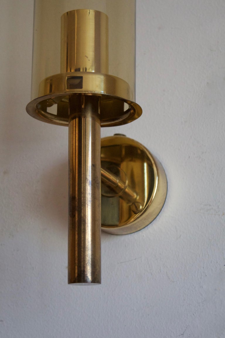 Mid-Century Modern Hans-Agne Jakobsson, Wall Lights, Brass, Smoked Glass, Sweden, c. 1960s For Sale