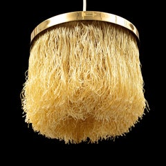 Hans-Agne Jakobsson Yellow Silk Fringe Pendant Brass Light, 1960s