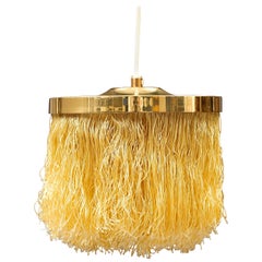 Hans-Agne Jakobsson Yellow Silk Fringe Pendant Brass Light, 1960s