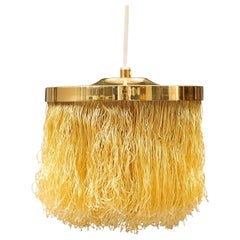 Hans-Agne Jakobsson Yellow Silk Fringe Pendant Brass Light, 1960s