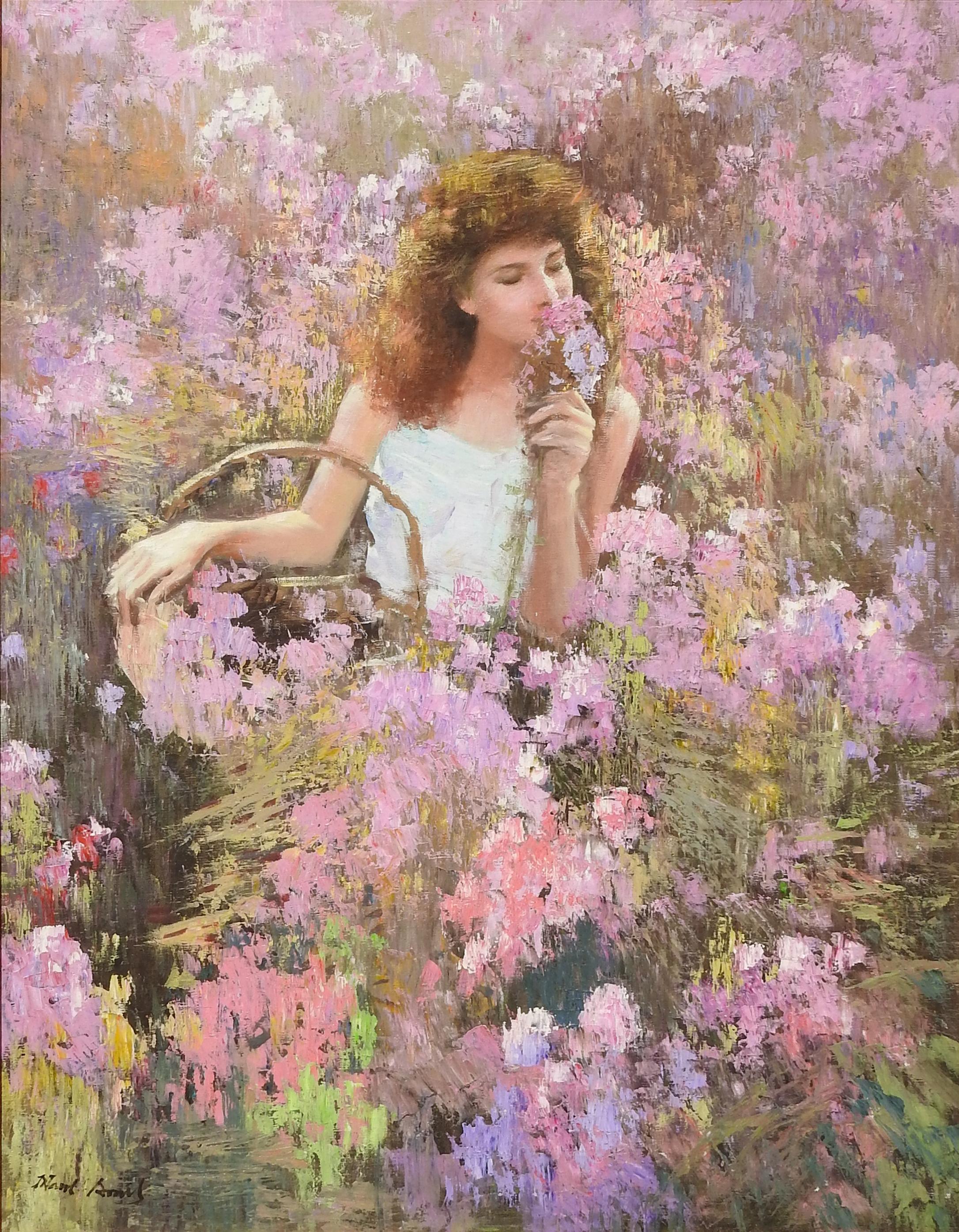 «tty In Pink », Hans Amis, portrait réaliste, fleurs, huile originale, 101,6 x 76,2 cm en vente 1