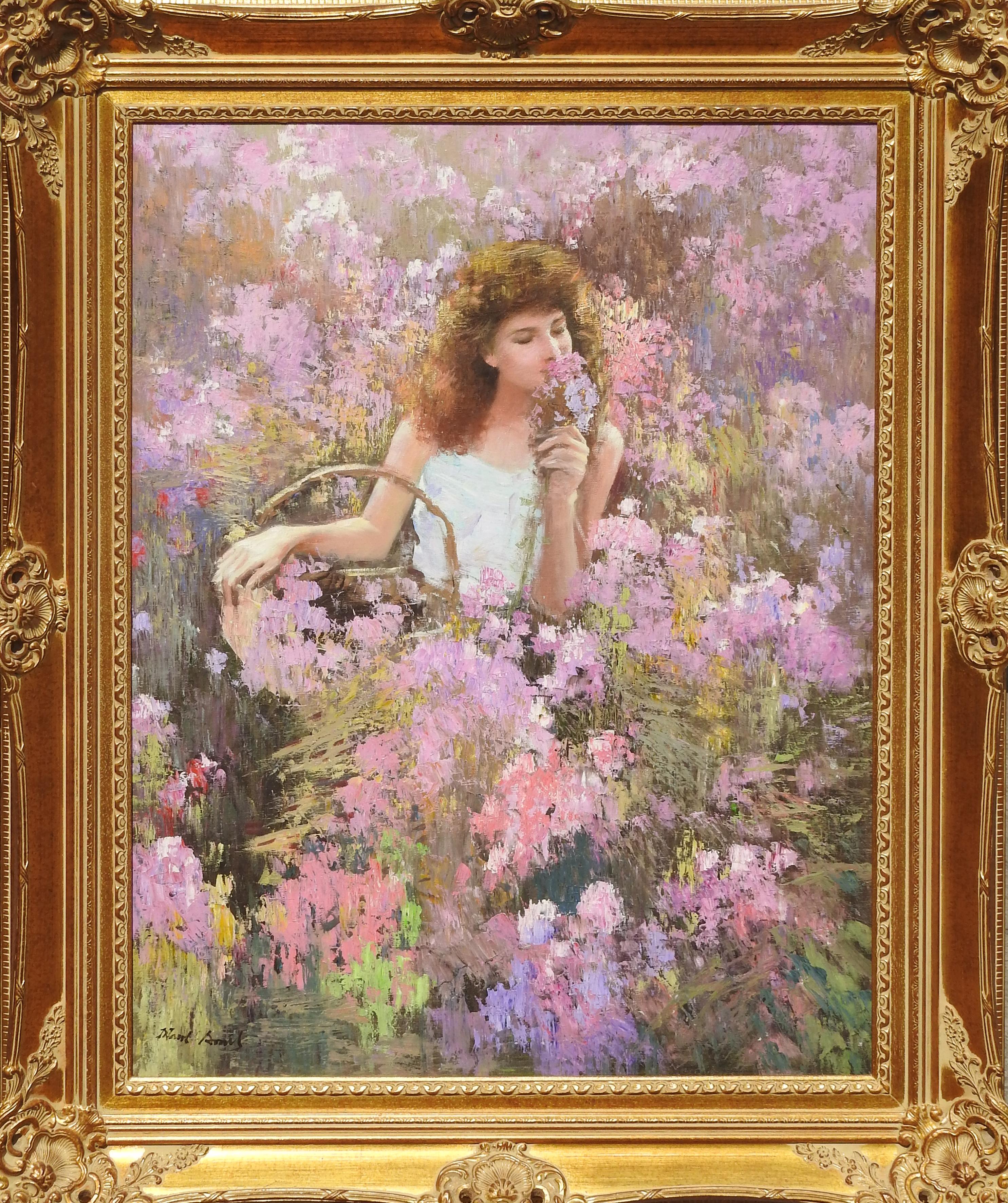 "Pretty In Pink", Hans Amis, Realistic Portrait, Flowers, Original Oil, 40x30 in