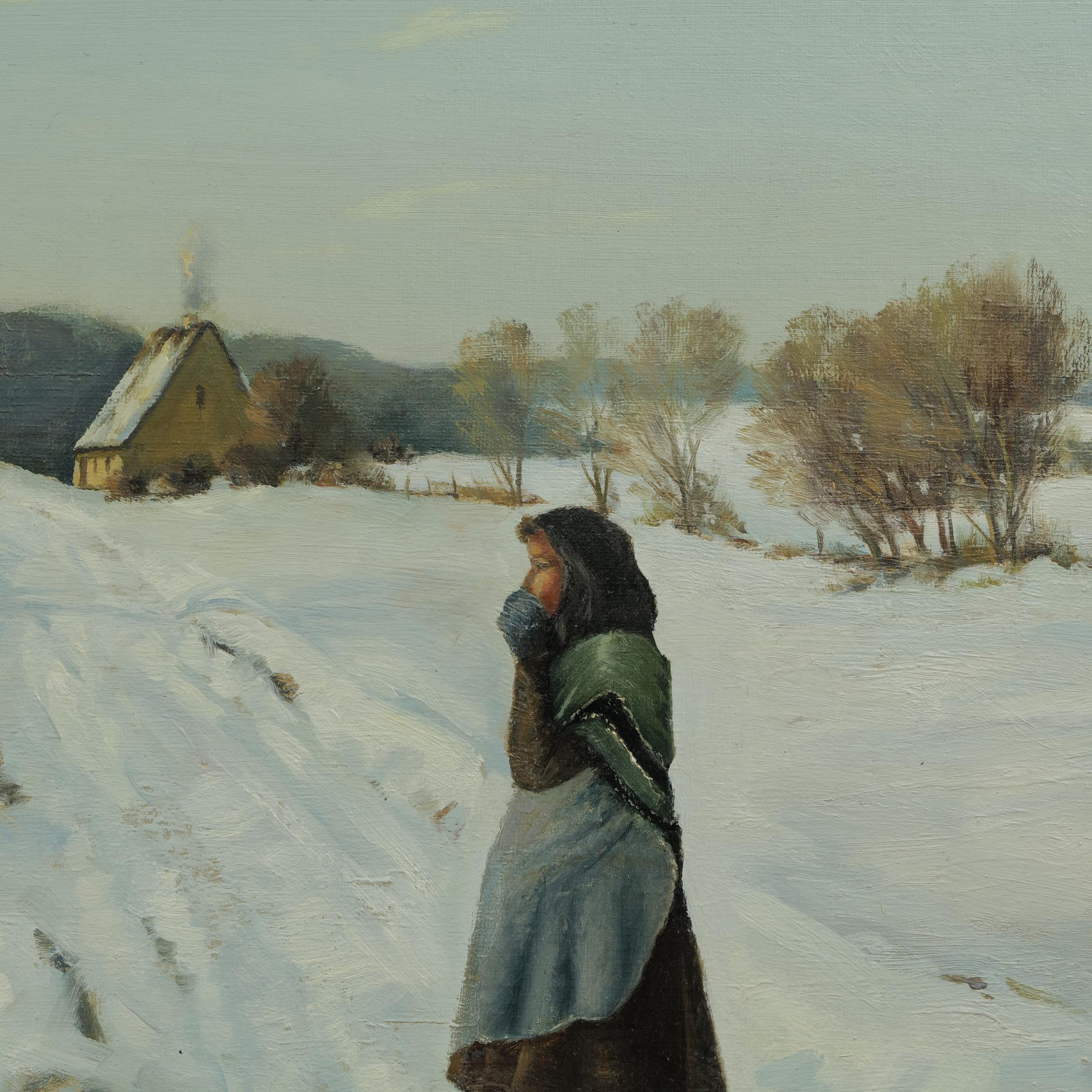 Danish Hans Andersen Brendekilde Oilpainting “Girl in front of a farmstead in the snow” For Sale