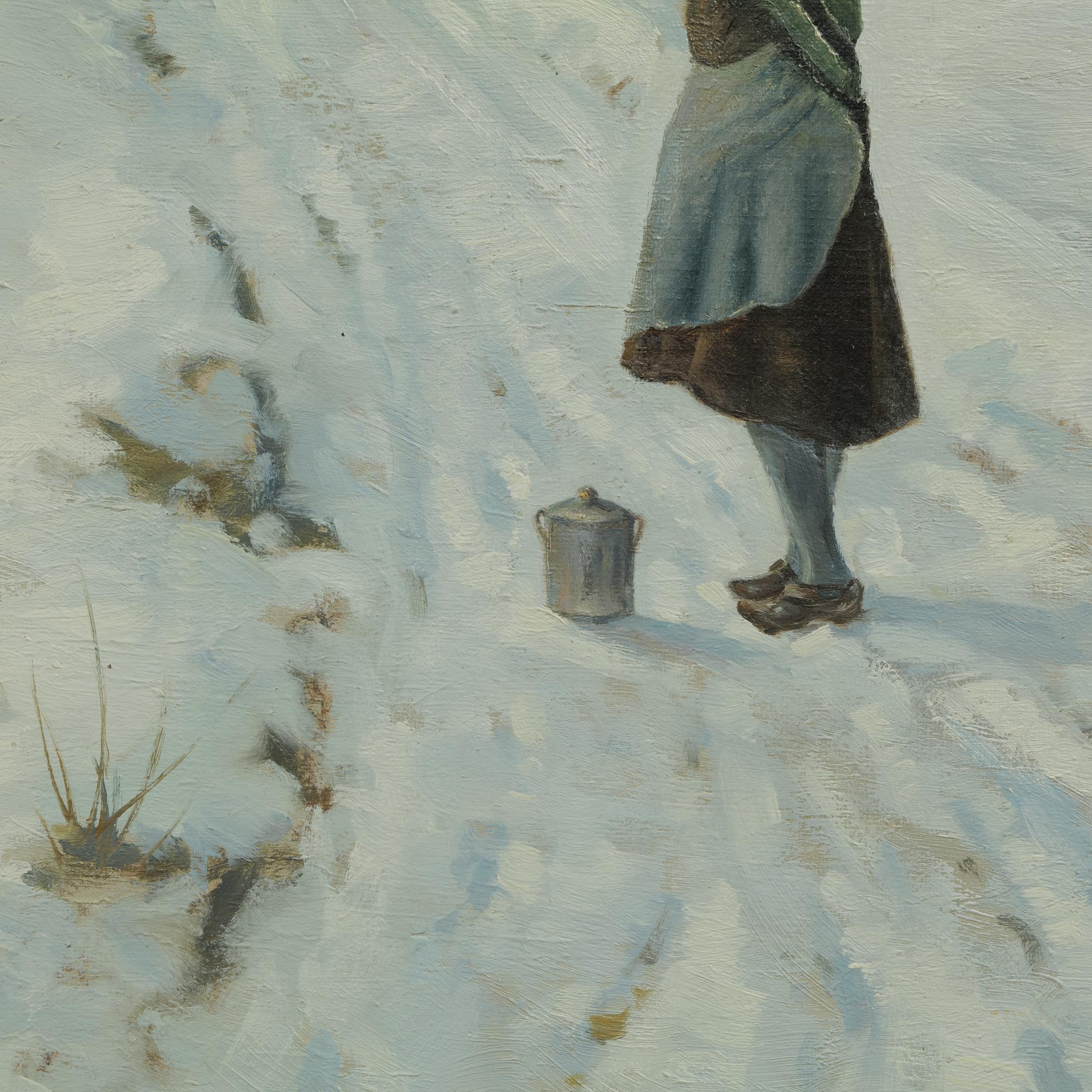 Hand-Painted Hans Andersen Brendekilde Oilpainting “Girl in front of a farmstead in the snow” For Sale