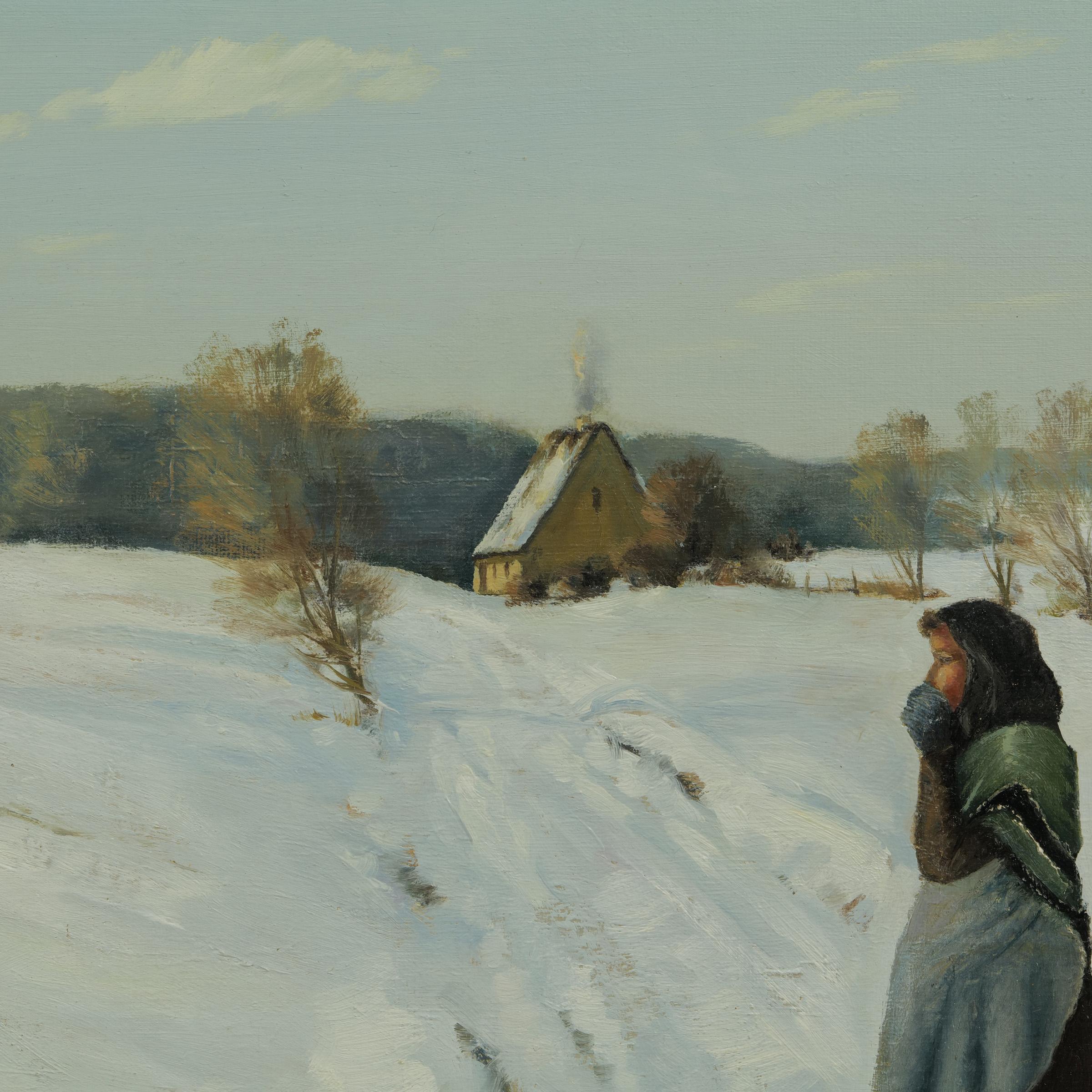 Early 20th Century Hans Andersen Brendekilde Oilpainting “Girl in front of a farmstead in the snow” For Sale