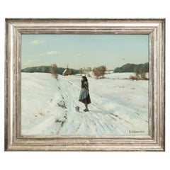 Hans Andersen Brendekilde Oilpainting “Girl in front of a farmstead in the snow”