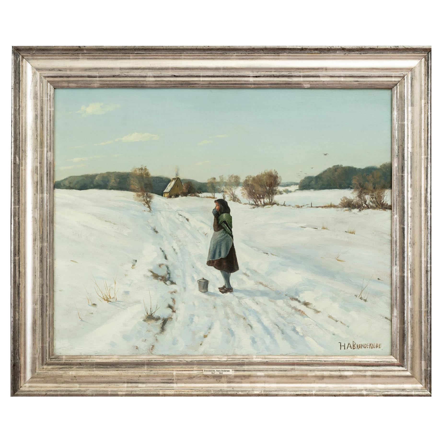 Hans Andersen Brendekilde peint une fille devant une ferme dans la neige en vente