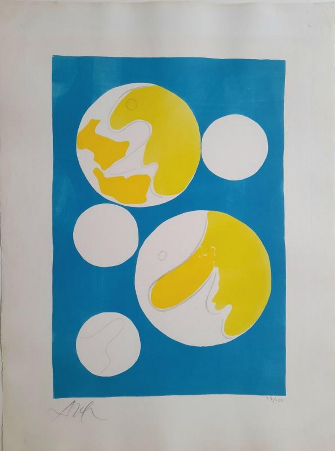 Hans Arp Abstract Print – „Cinq lunes sur fond blau“ 