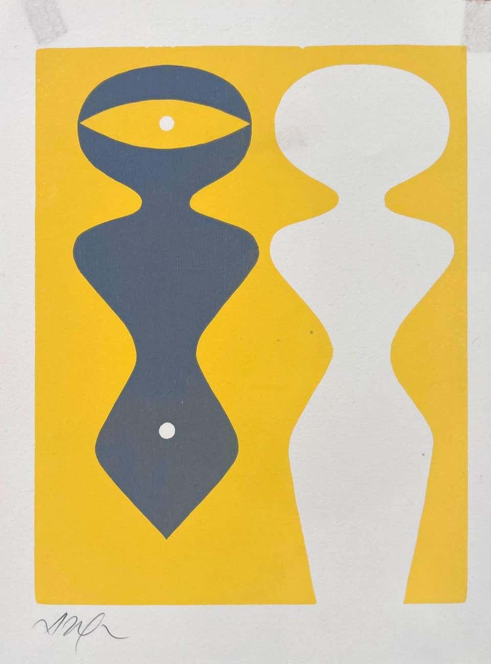 Two figures on a yellow background