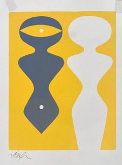 Two figures on a yellow background